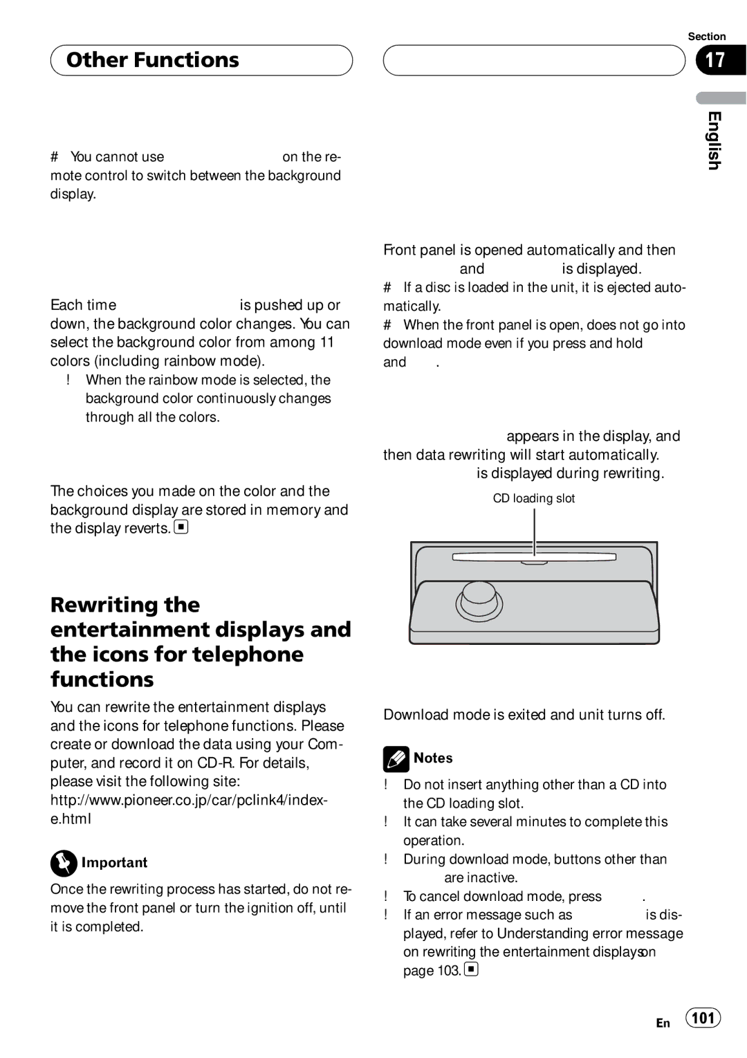 Pioneer DEH-P980BT operation manual On rewriting the entertainment displays on 