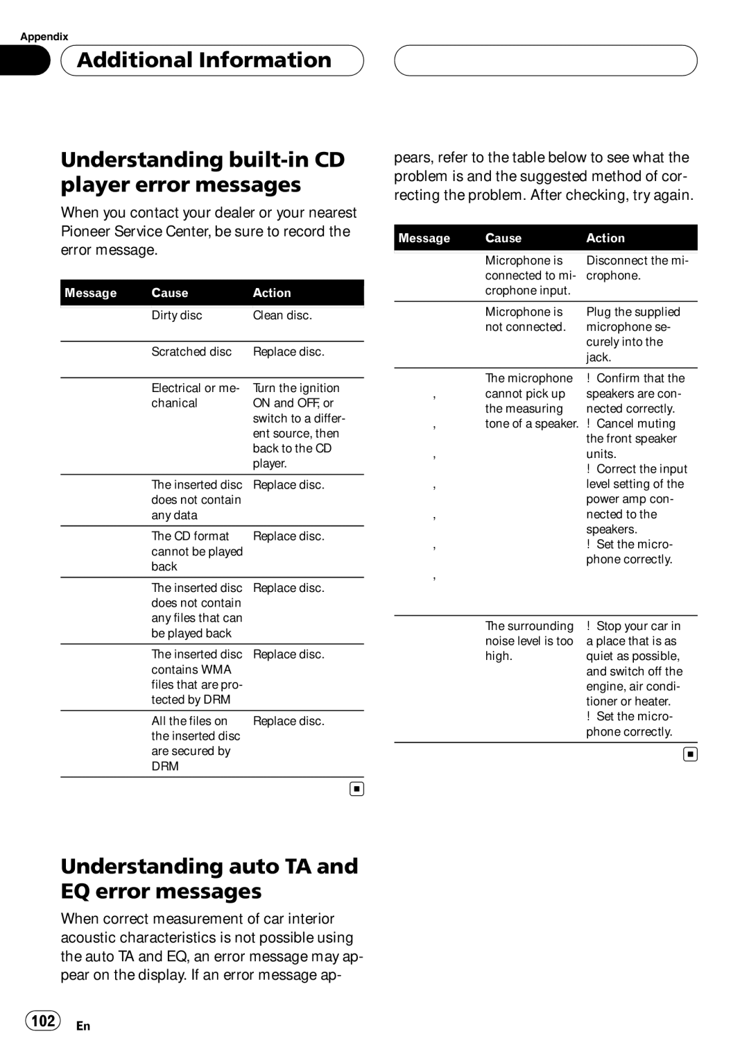 Pioneer DEH-P980BT operation manual Understanding auto TA and EQ error messages, 102 En 