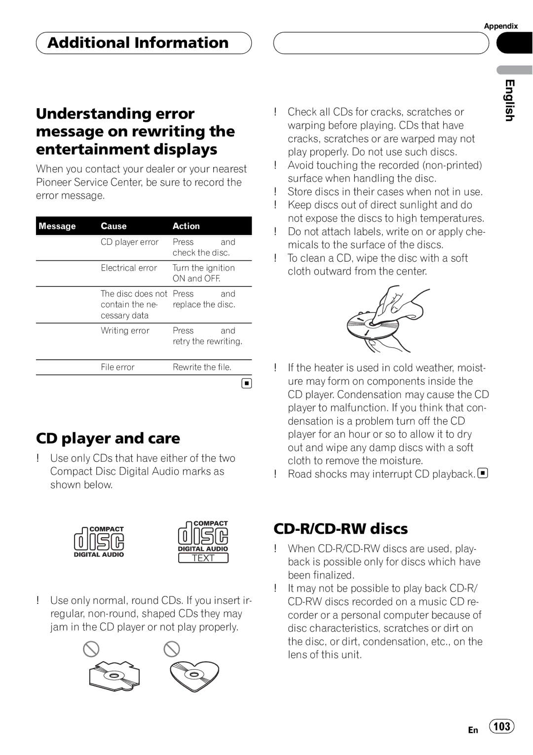 Pioneer DEH-P980BT operation manual CD player and care, CD-R/CD-RW discs 