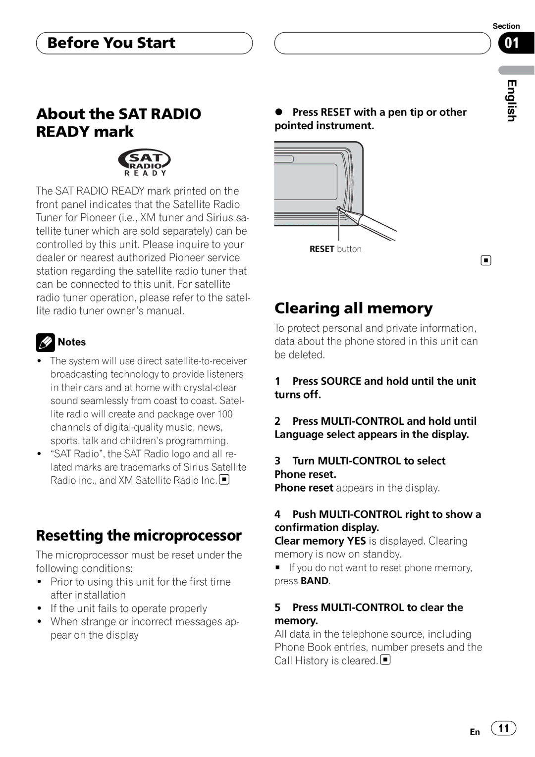 Pioneer DEH-P980BT Before You Start About the SAT Radio Ready mark, Resetting the microprocessor, Clearing all memory 