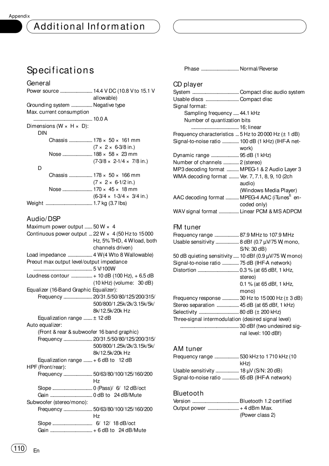 Pioneer DEH-P980BT operation manual Additional Information Specifications 