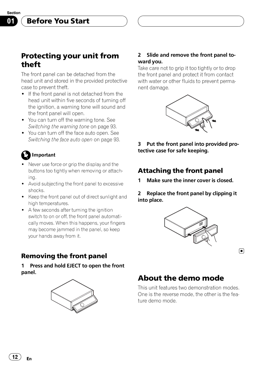 Pioneer DEH-P980BT Before You Start Protecting your unit from theft, About the demo mode, Attaching the front panel 