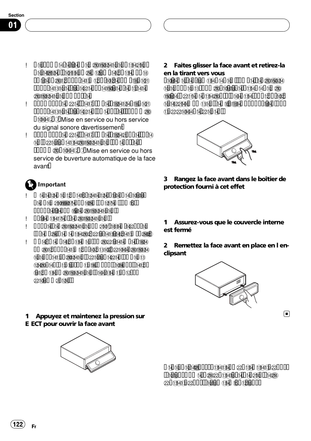 Pioneer DEH-P980BT Quelques mots sur le mode démonstration, Détacher la face avant, Pose de la face avant, 122 Fr 