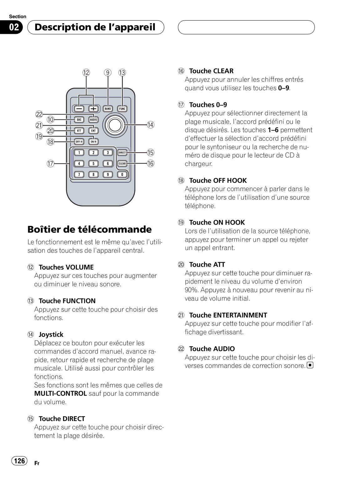 Pioneer DEH-P980BT operation manual Boîtier de télécommande, 126 Fr 