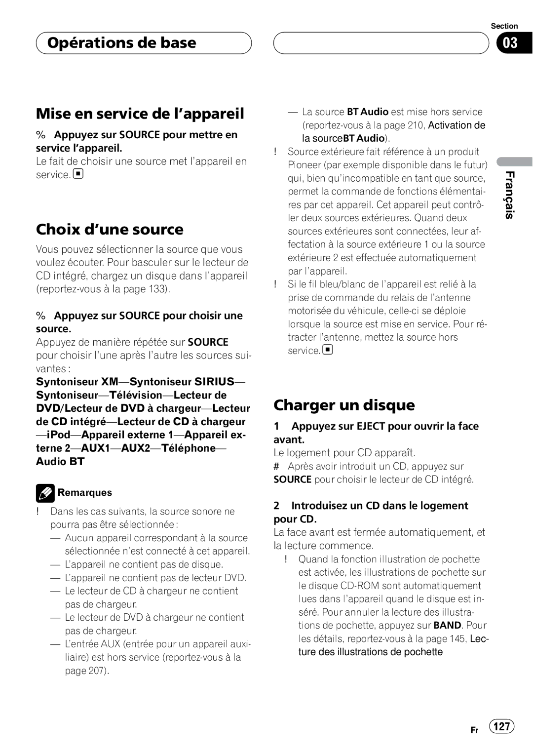 Pioneer DEH-P980BT operation manual Opérations de base Mise en service de l’appareil, Choix d’une source, Charger un disque 