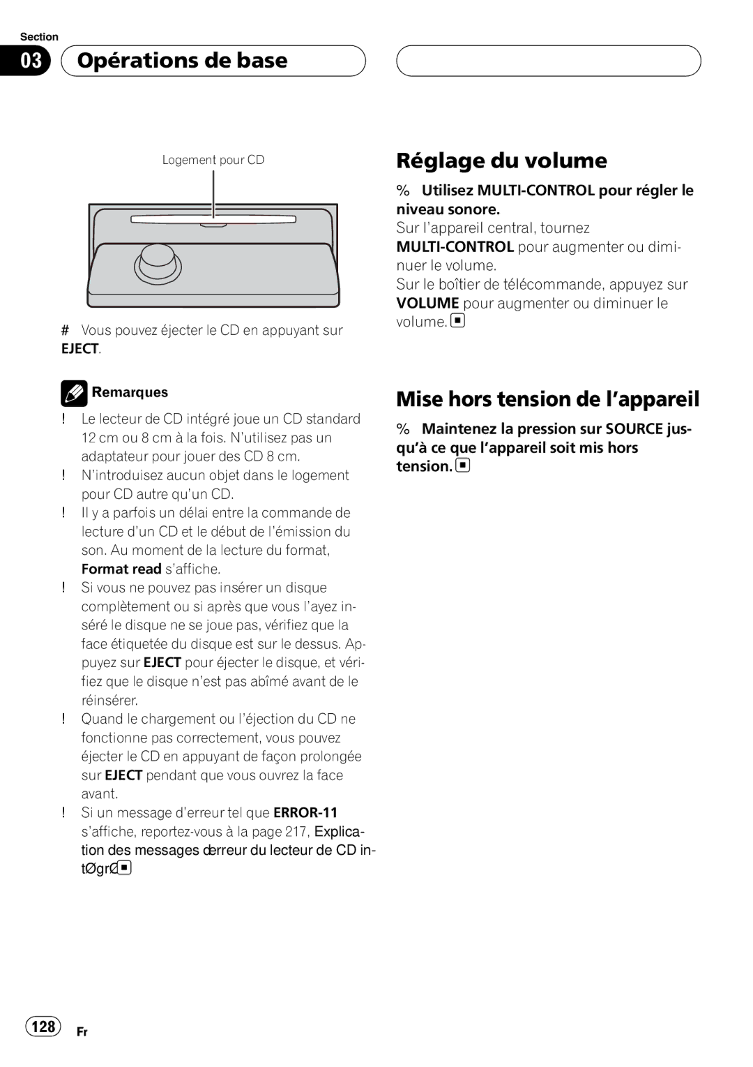 Pioneer DEH-P980BT 03 Opérations de base, Réglage du volume, Mise hors tension de l’appareil, 128 Fr, Eject 