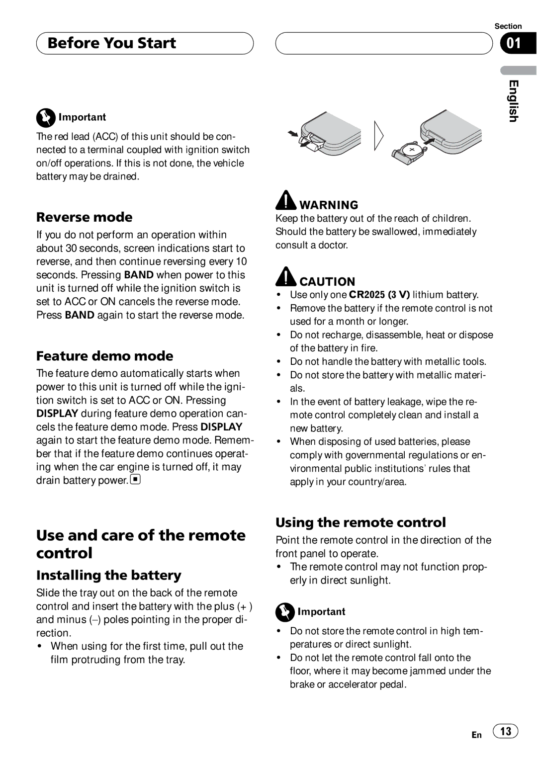 Pioneer DEH-P980BT Use and care of the remote control, Reverse mode, Feature demo mode, Installing the battery 