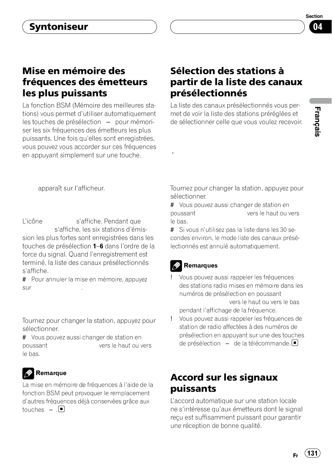 Pioneer DEH-P980BT operation manual Accord sur les signaux puissants, La liste des canaux présélectionnés vous per 