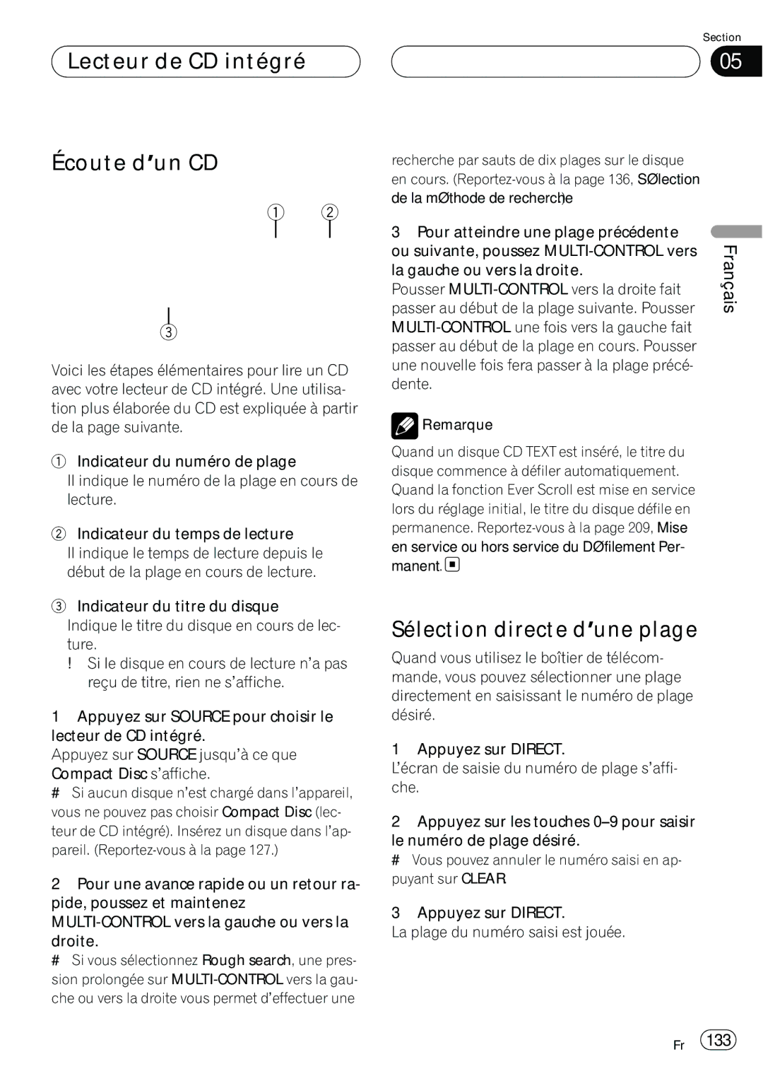 Pioneer DEH-P980BT operation manual Lecteur de CD intégré Écoute d’un CD, Sélection directe d’une plage, Appuyez sur Direct 