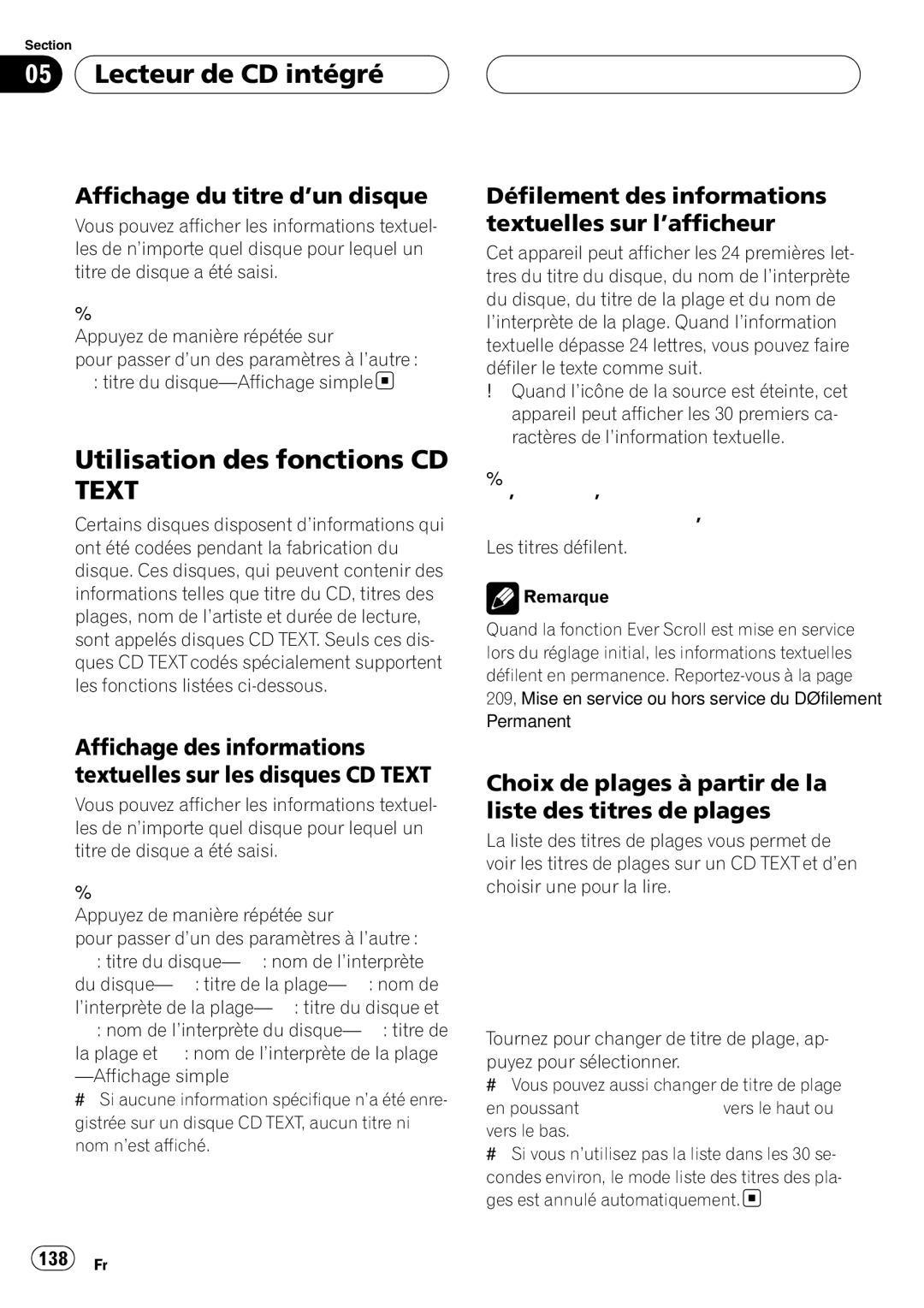 Pioneer DEH-P980BT operation manual Utilisation des fonctions CD Text, Affichage du titre d’un disque, 138 Fr 