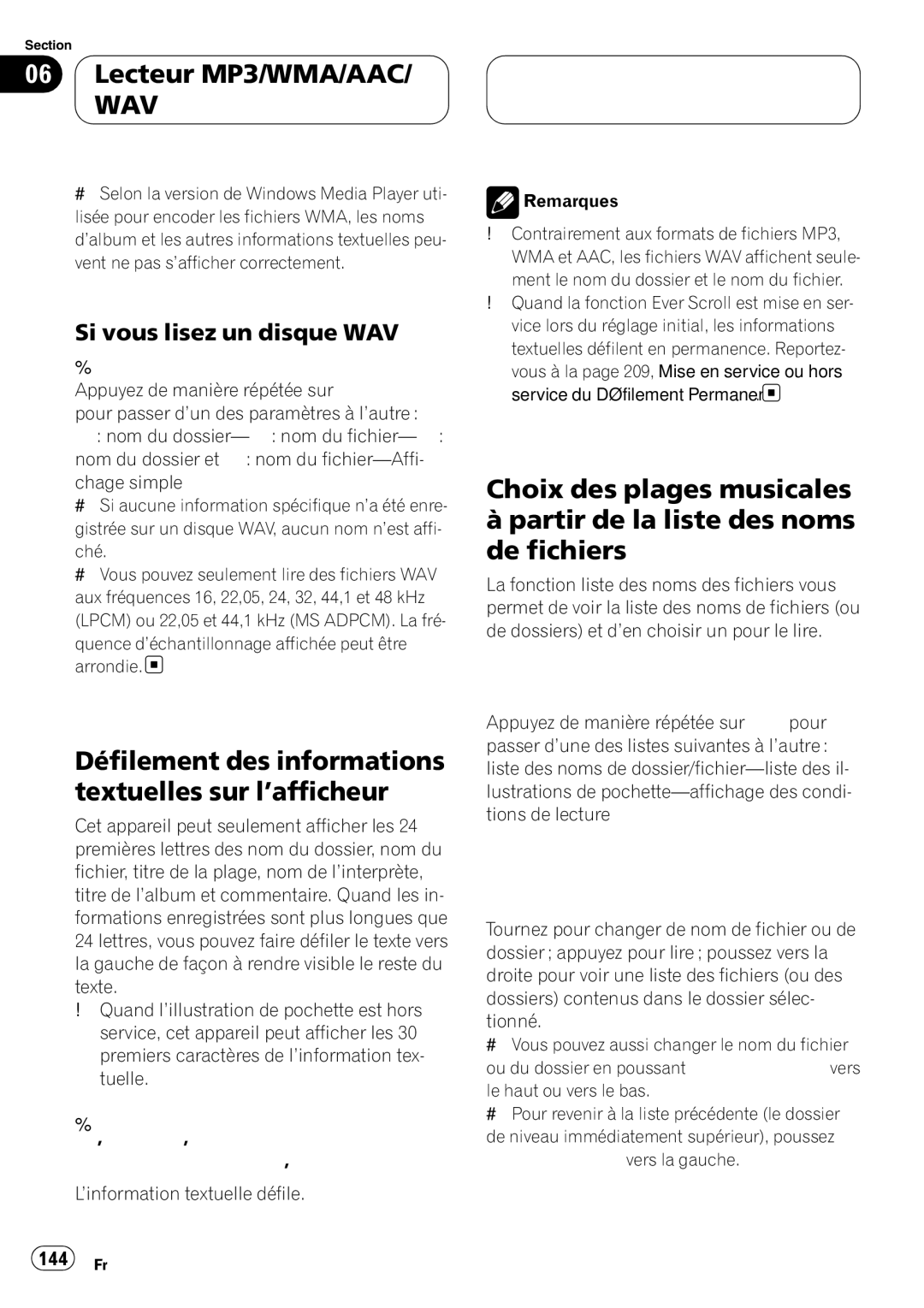 Pioneer DEH-P980BT Défilement des informations textuelles sur l’afficheur, Si vous lisez un disque WAV, 144 Fr 