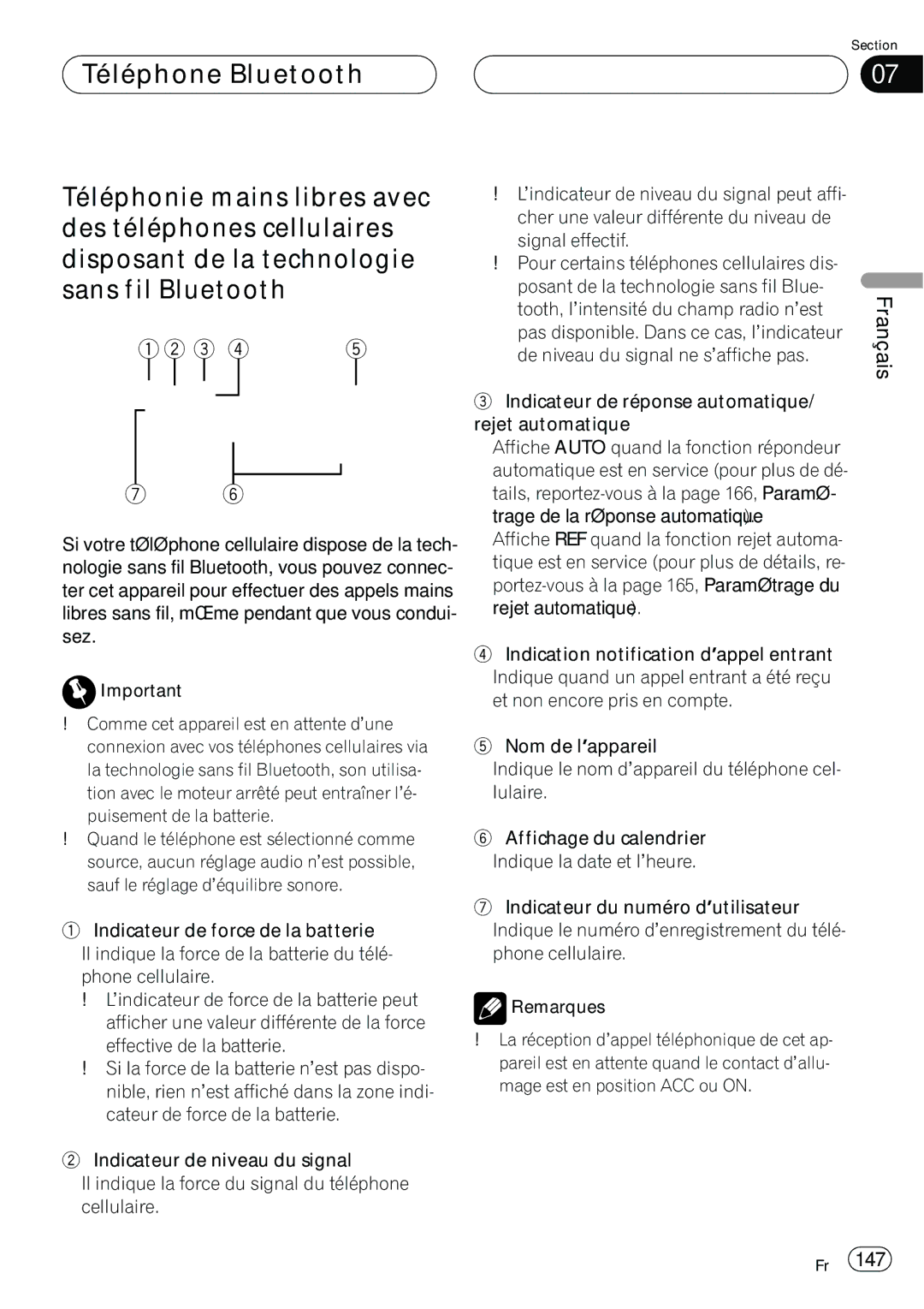 Pioneer DEH-P980BT operation manual Tooth, l’intensité du champ radio n’est 