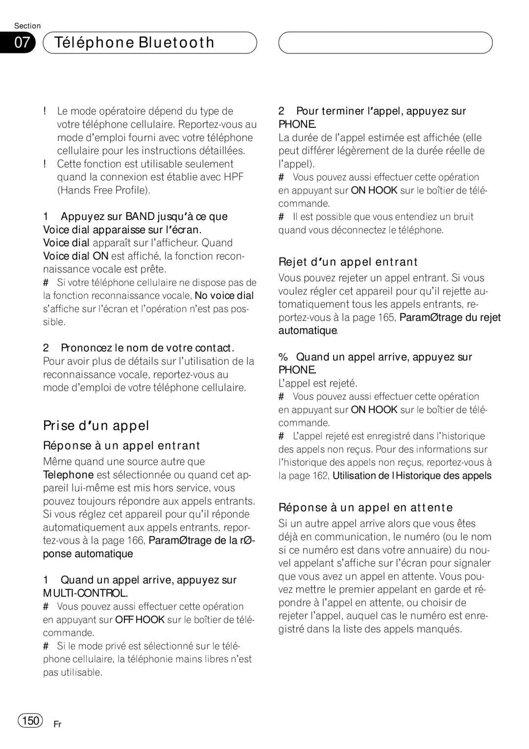 Pioneer DEH-P980BT Prise d’un appel, Réponse à un appel entrant, Rejet d’un appel entrant, Réponse à un appel en attente 