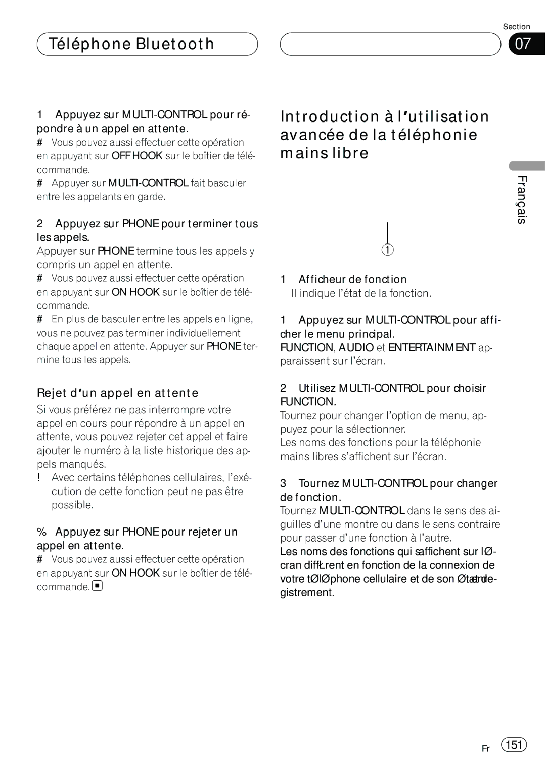 Pioneer DEH-P980BT operation manual Rejet d’un appel en attente, Function 