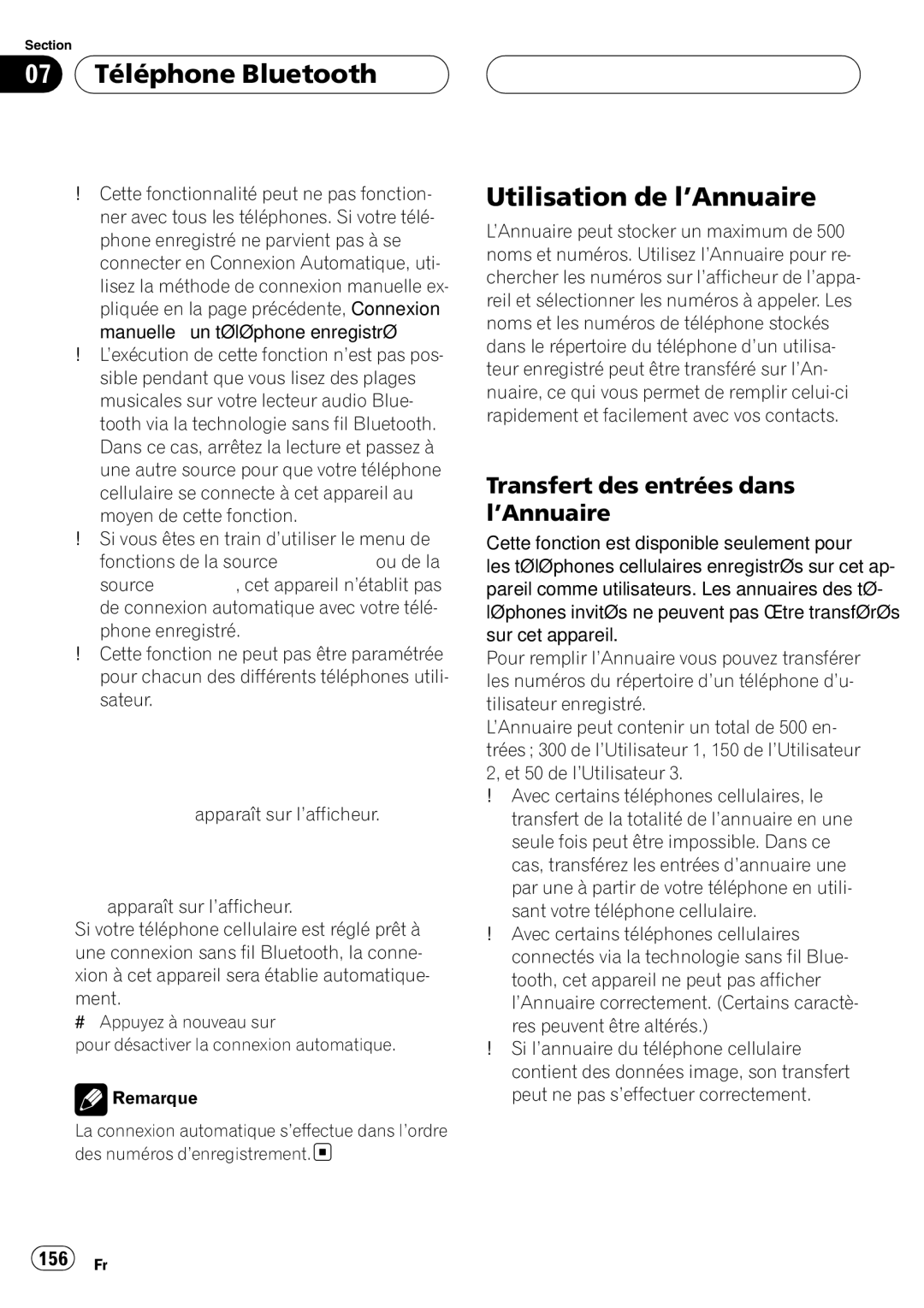 Pioneer DEH-P980BT operation manual Utilisation de l’Annuaire, Transfert des entrées dans l’Annuaire, 156 Fr 