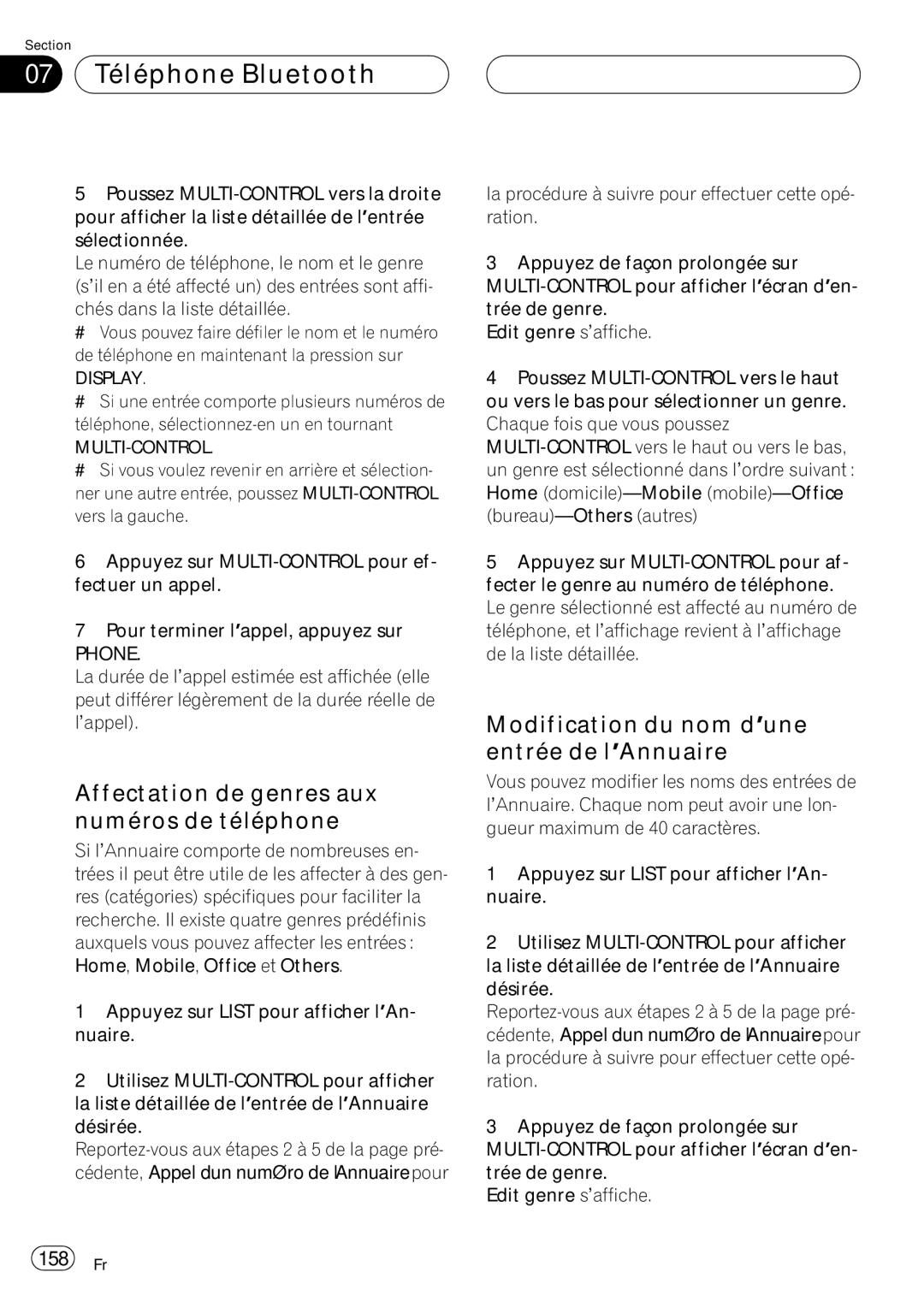 Pioneer DEH-P980BT Affectation de genres aux numéros de téléphone, Modification du nom d’une entrée de l’Annuaire, 158 Fr 