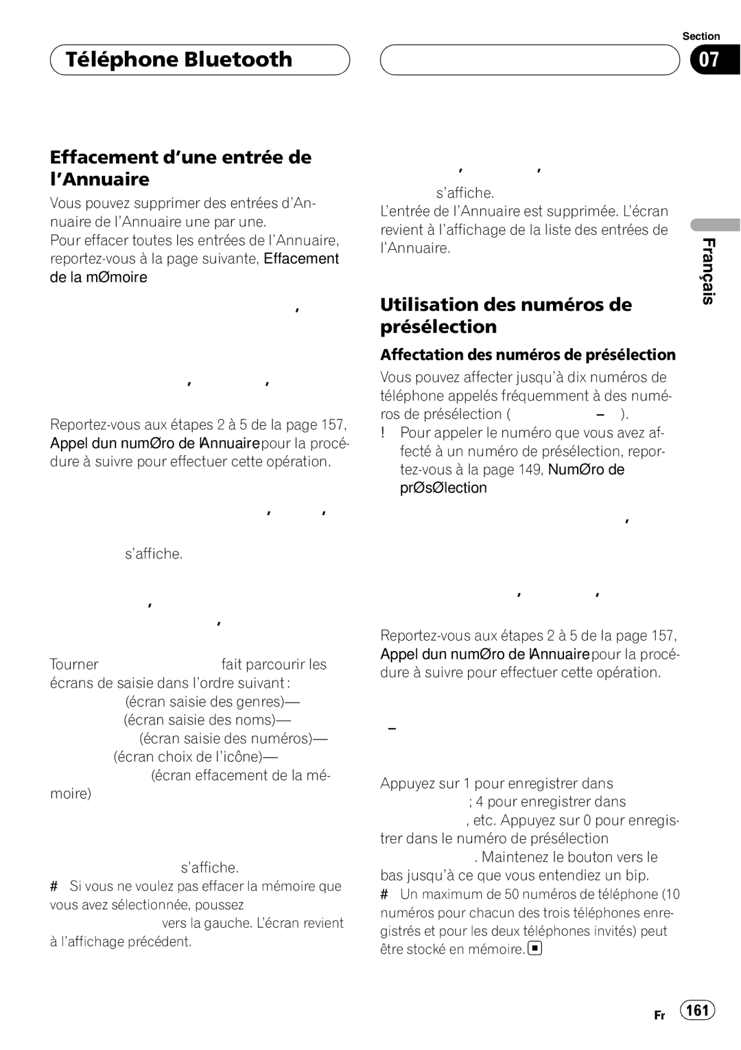 Pioneer DEH-P980BT operation manual Effacement d’une entrée de l’Annuaire, Utilisation des numéros de présélection 