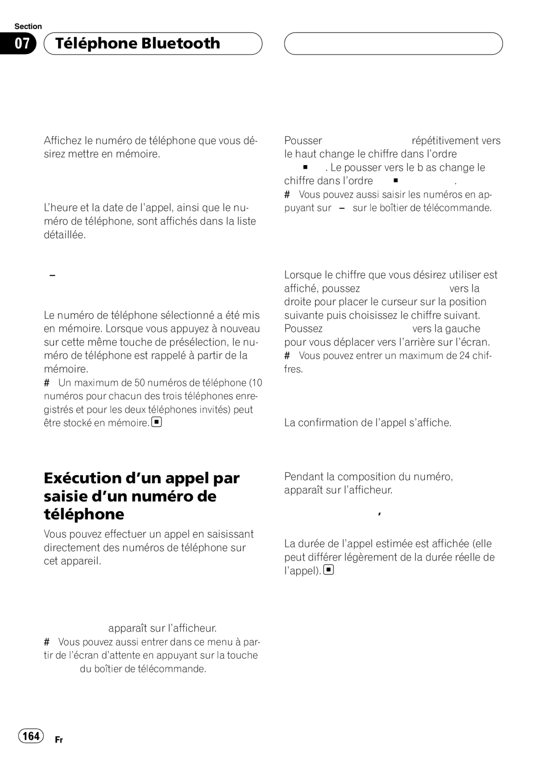 Pioneer DEH-P980BT operation manual Exécution d’un appel par saisie d’un numéro de téléphone, 164 Fr 