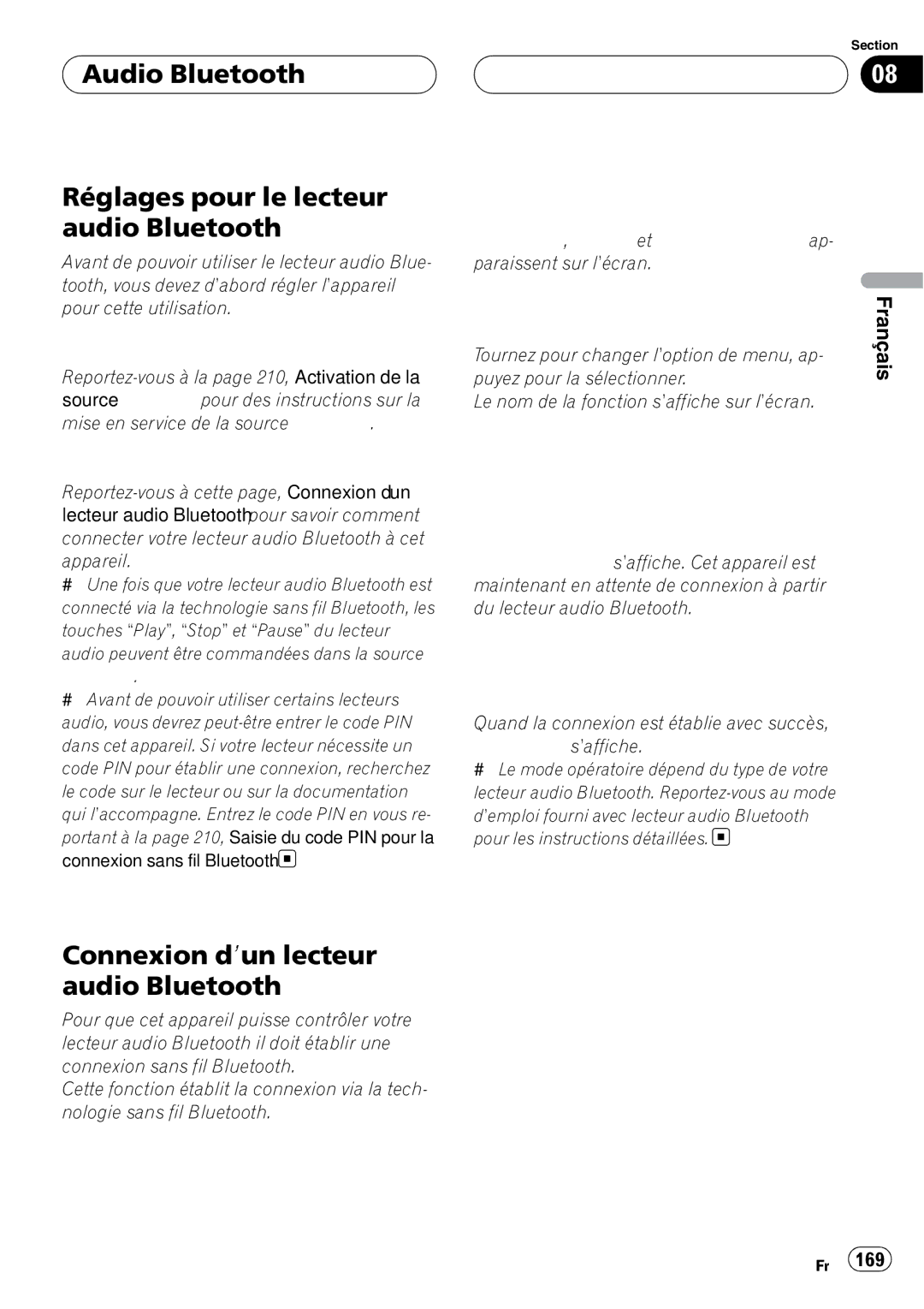 Pioneer DEH-P980BT Audio Bluetooth Réglages pour le lecteur audio Bluetooth, Connexion d’un lecteur audio Bluetooth 