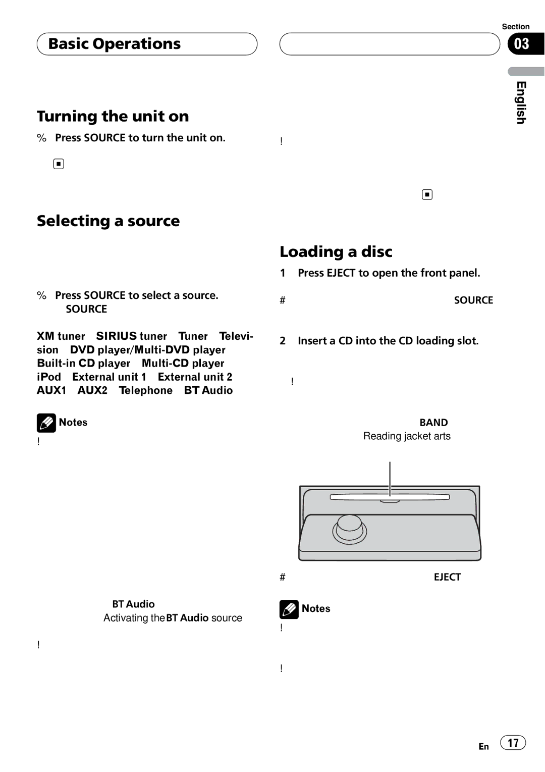 Pioneer DEH-P980BT operation manual Basic Operations Turning the unit on, Selecting a source, Loading a disc 