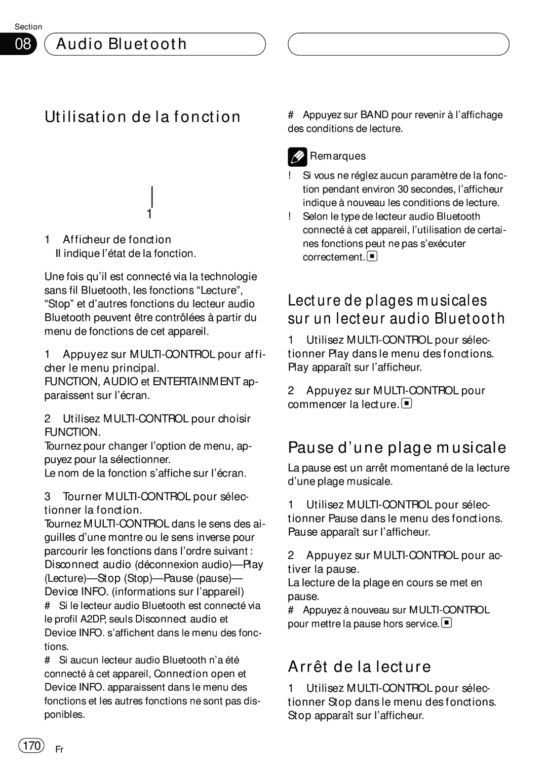 Pioneer DEH-P980BT Audio Bluetooth Utilisation de la fonction, Lecture de plages musicales sur un lecteur audio Bluetooth 