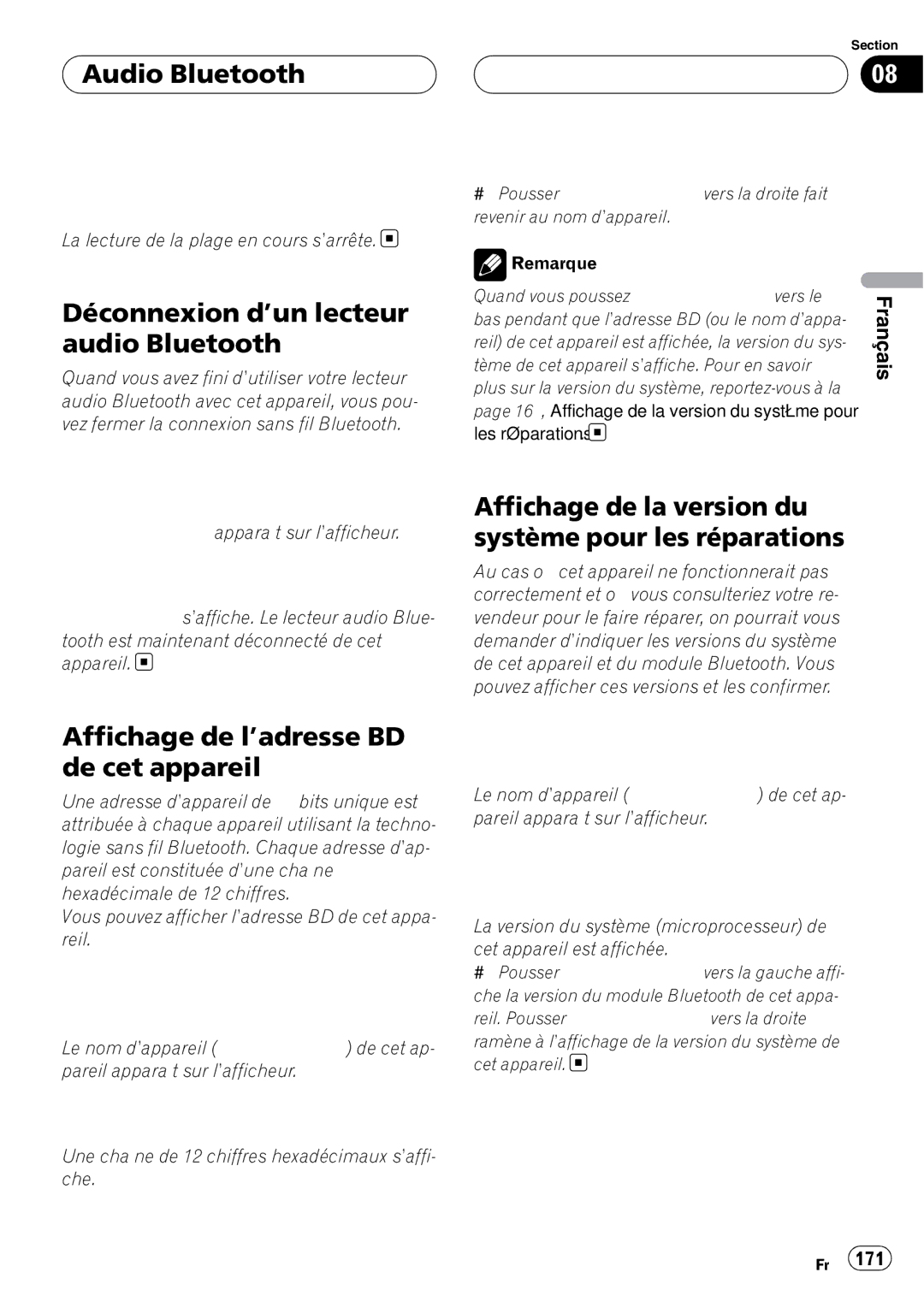 Pioneer DEH-P980BT Audio Bluetooth, Déconnexion d’un lecteur audio Bluetooth, Affichage de l’adresse BD de cet appareil 