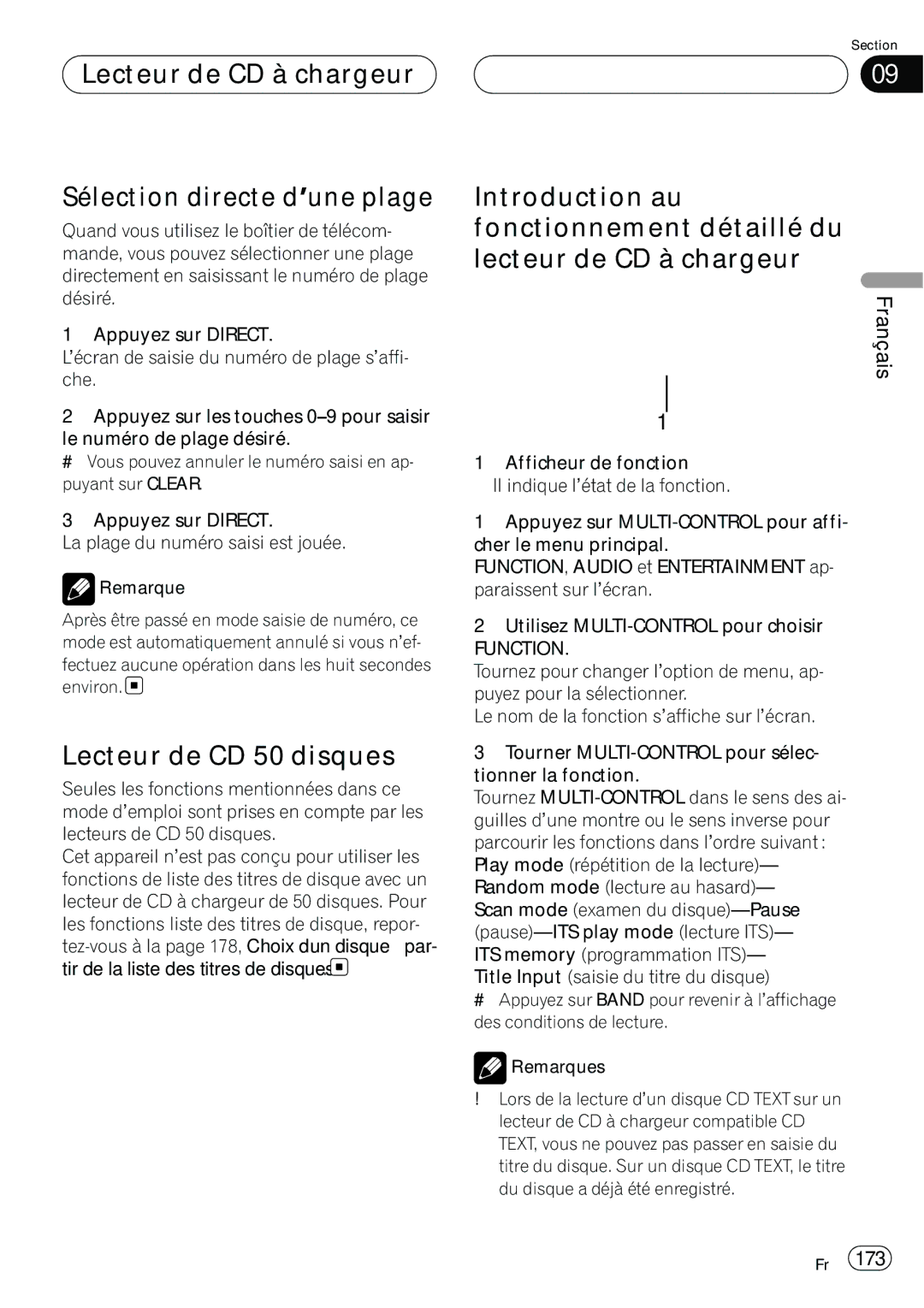 Pioneer DEH-P980BT operation manual Lecteur de CD à chargeur Sélection directe d’une plage, Lecteur de CD 50 disques 