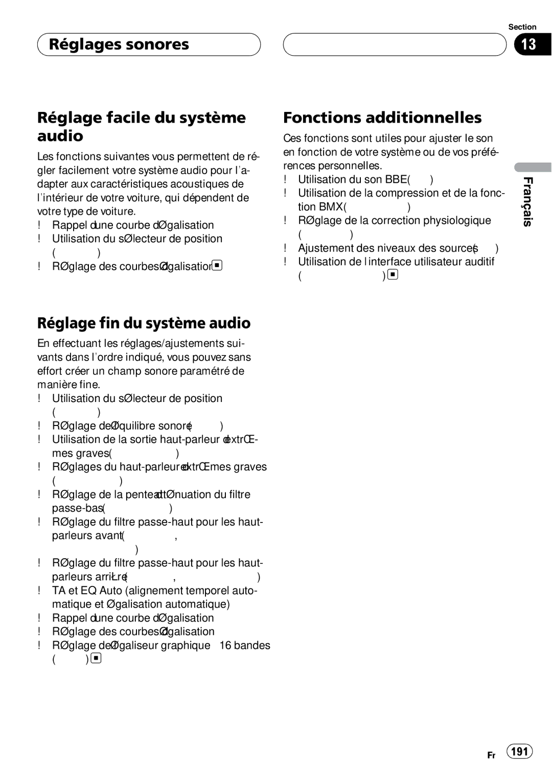 Pioneer DEH-P980BT operation manual Réglages sonores Réglage facile du système audio, Réglage fin du système audio 