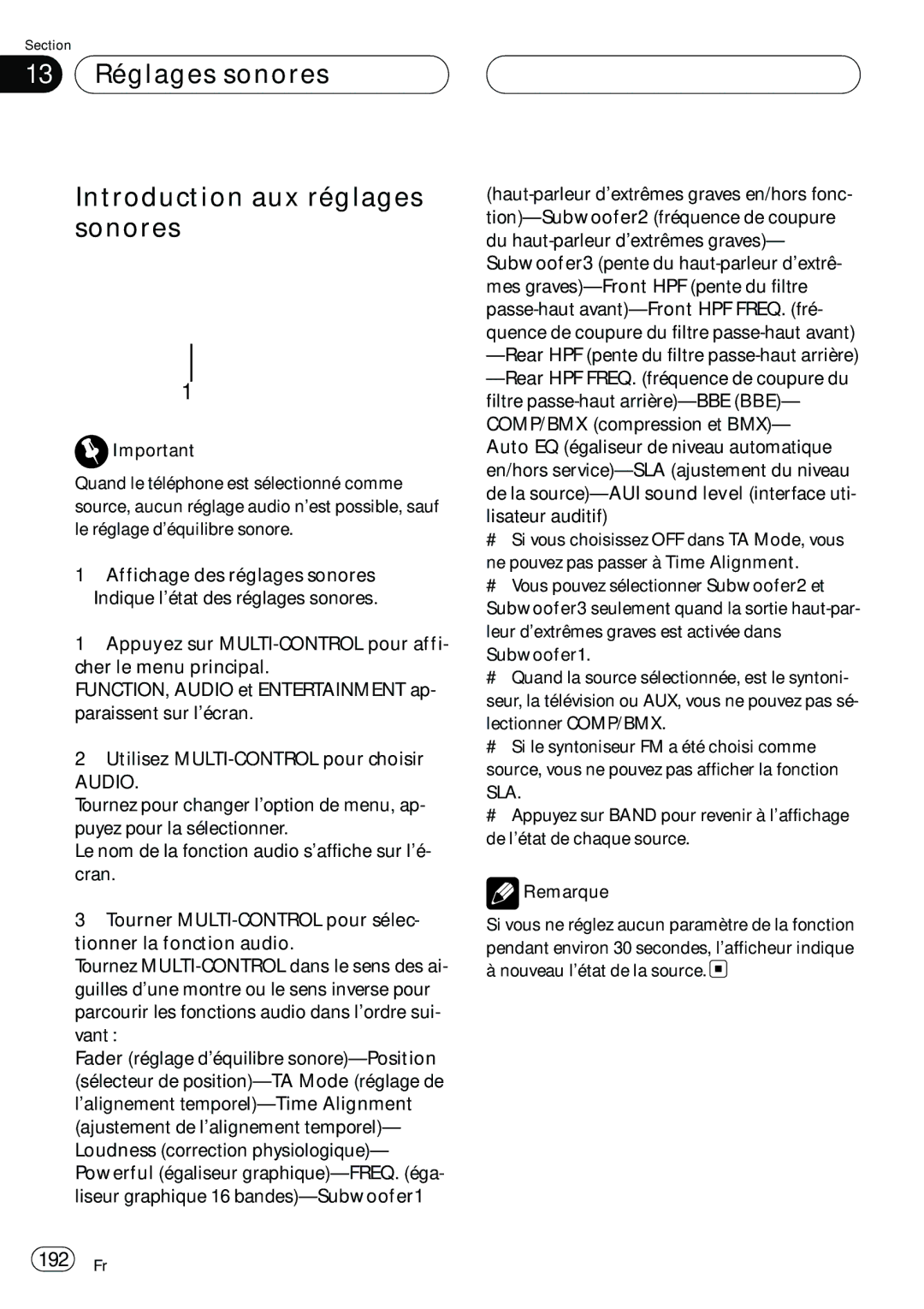 Pioneer DEH-P980BT operation manual 13 Réglages sonores Introduction aux réglages sonores, 192 Fr, Audio 