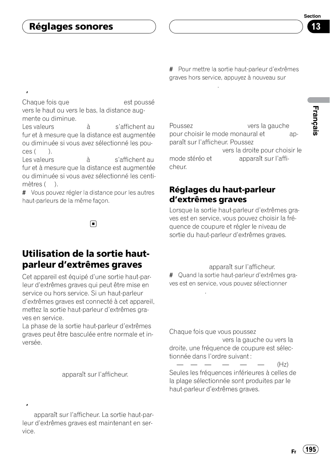 Pioneer DEH-P980BT operation manual Réglages sonores, Utilisation de la sortie haut- parleur d’extrêmes graves 