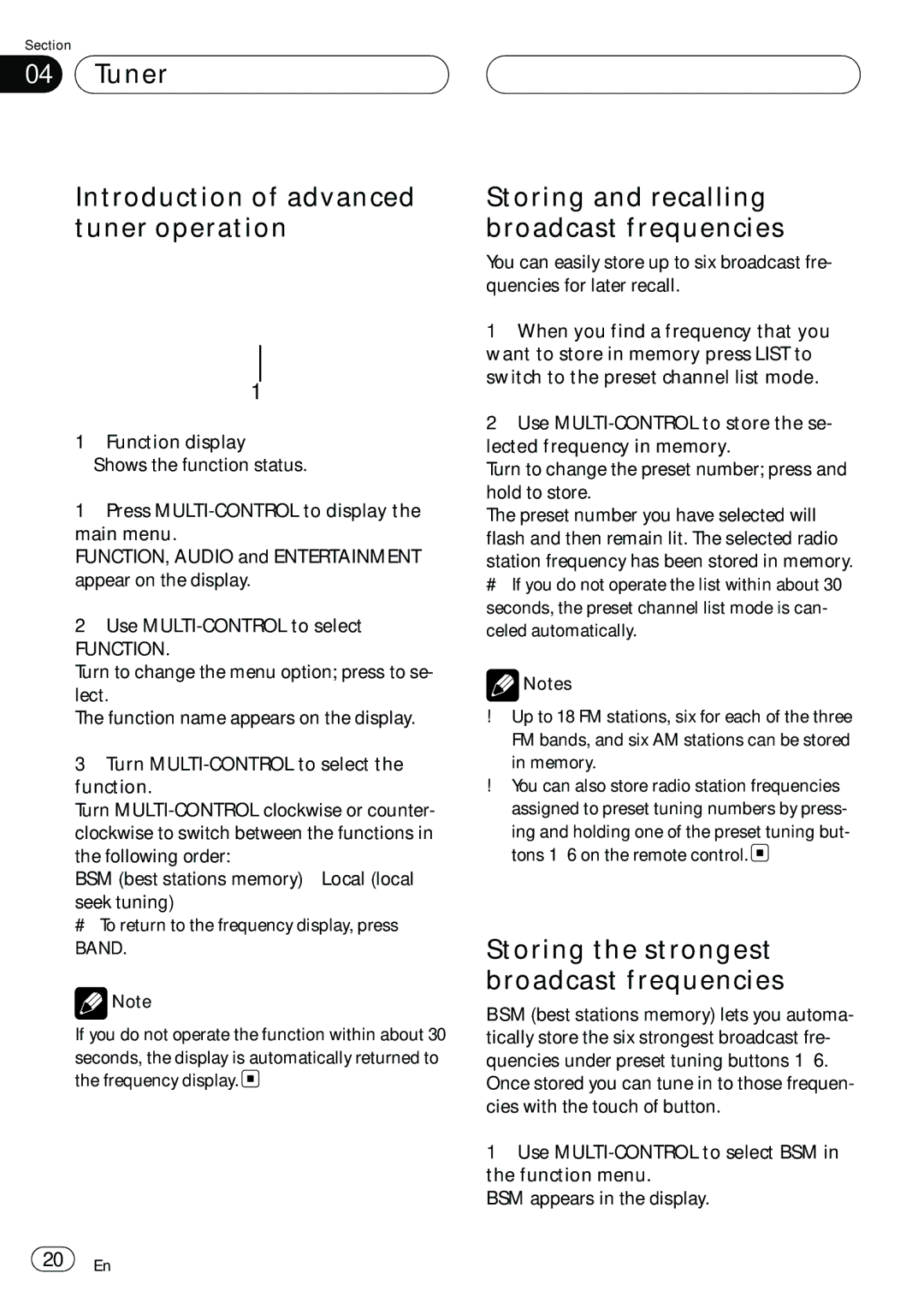 Pioneer DEH-P980BT Tuner Introduction of advanced tuner operation, Storing and recalling broadcast frequencies, Function 