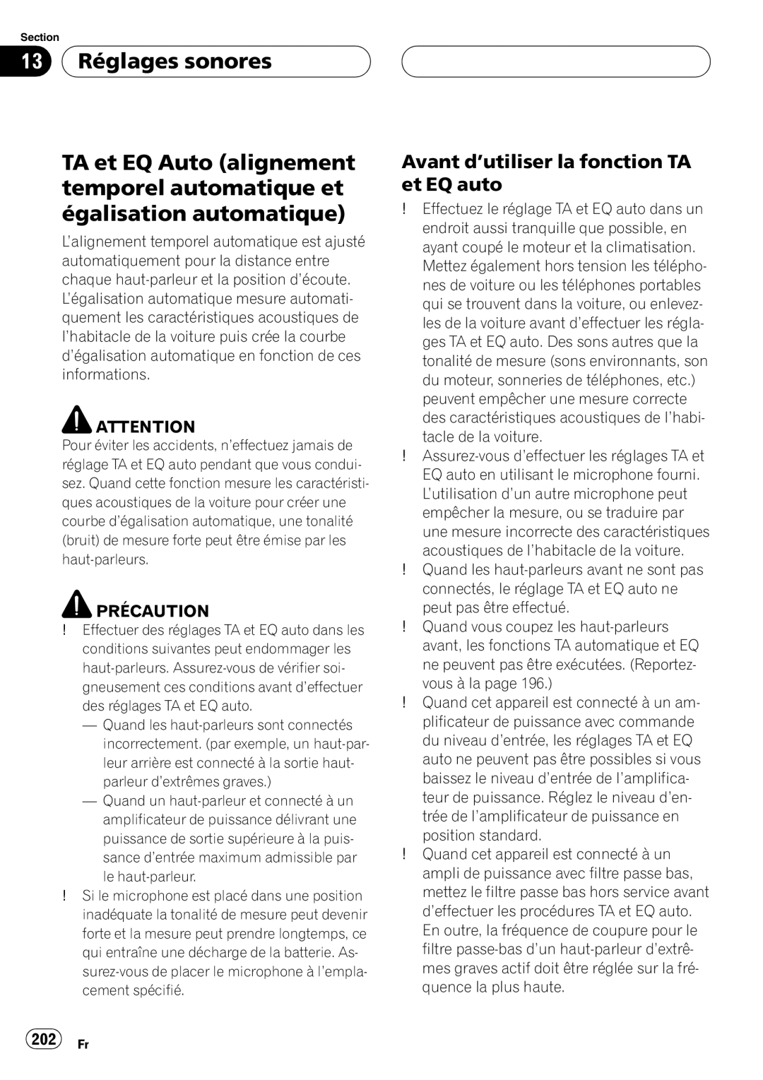 Pioneer DEH-P980BT operation manual Avant d’utiliser la fonction TA et EQ auto, 202 Fr 