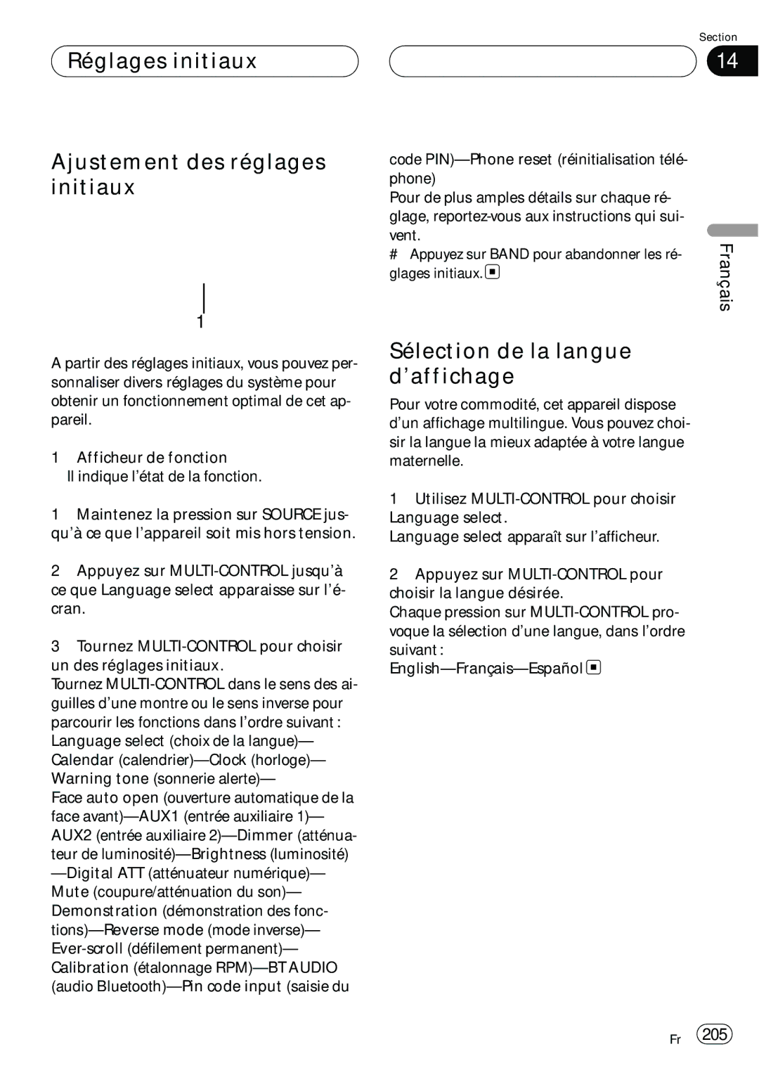 Pioneer DEH-P980BT Réglages initiaux Ajustement des réglages initiaux, Sélection de la langue d’affichage, Glages initiaux 