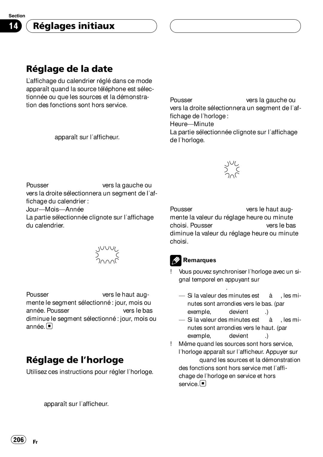 Pioneer DEH-P980BT operation manual 14 Réglages initiaux Réglage de la date, Réglage de l’horloge, 206 Fr 