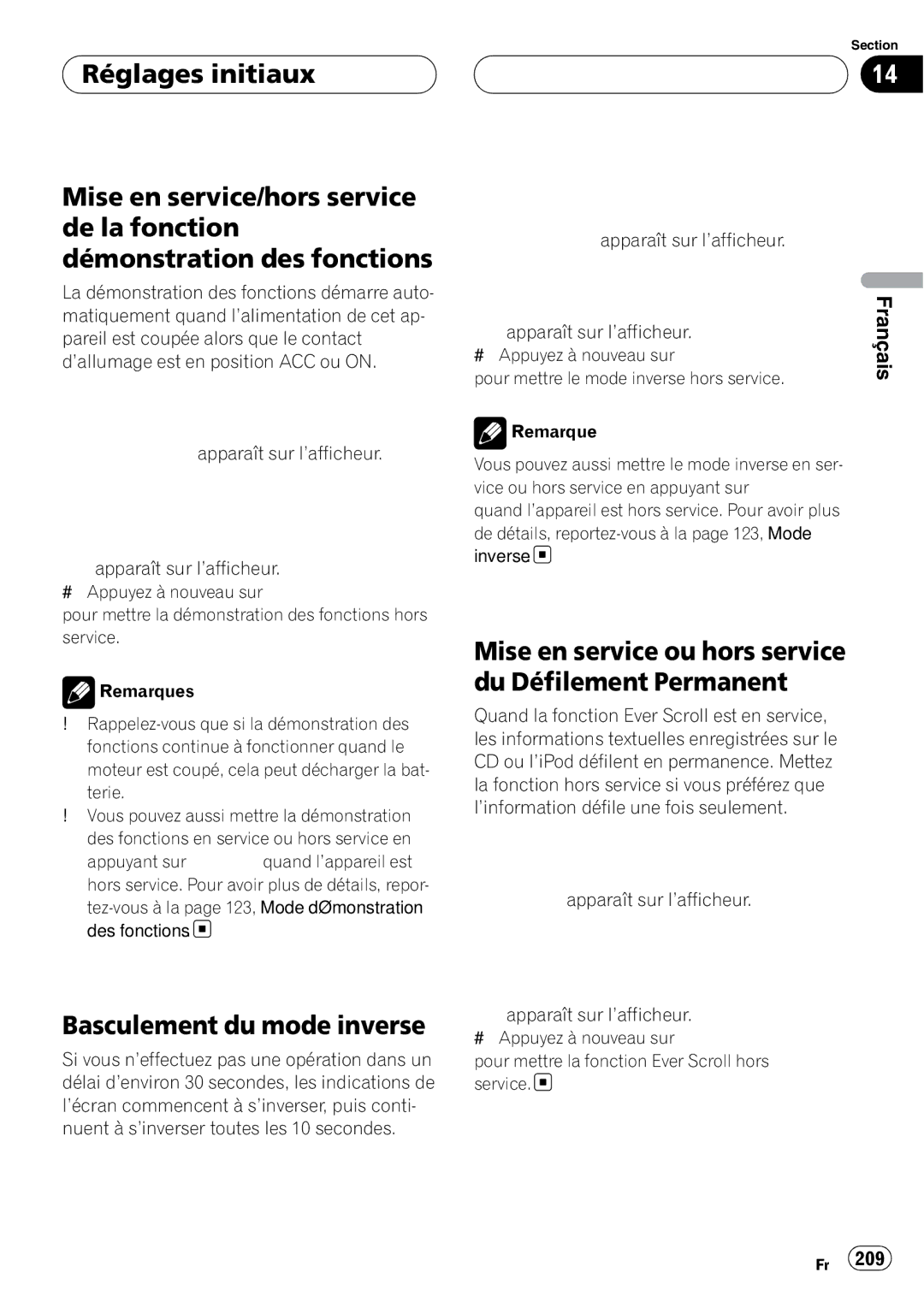 Pioneer DEH-P980BT operation manual Basculement du mode inverse, Mise en service ou hors service du Défilement Permanent 