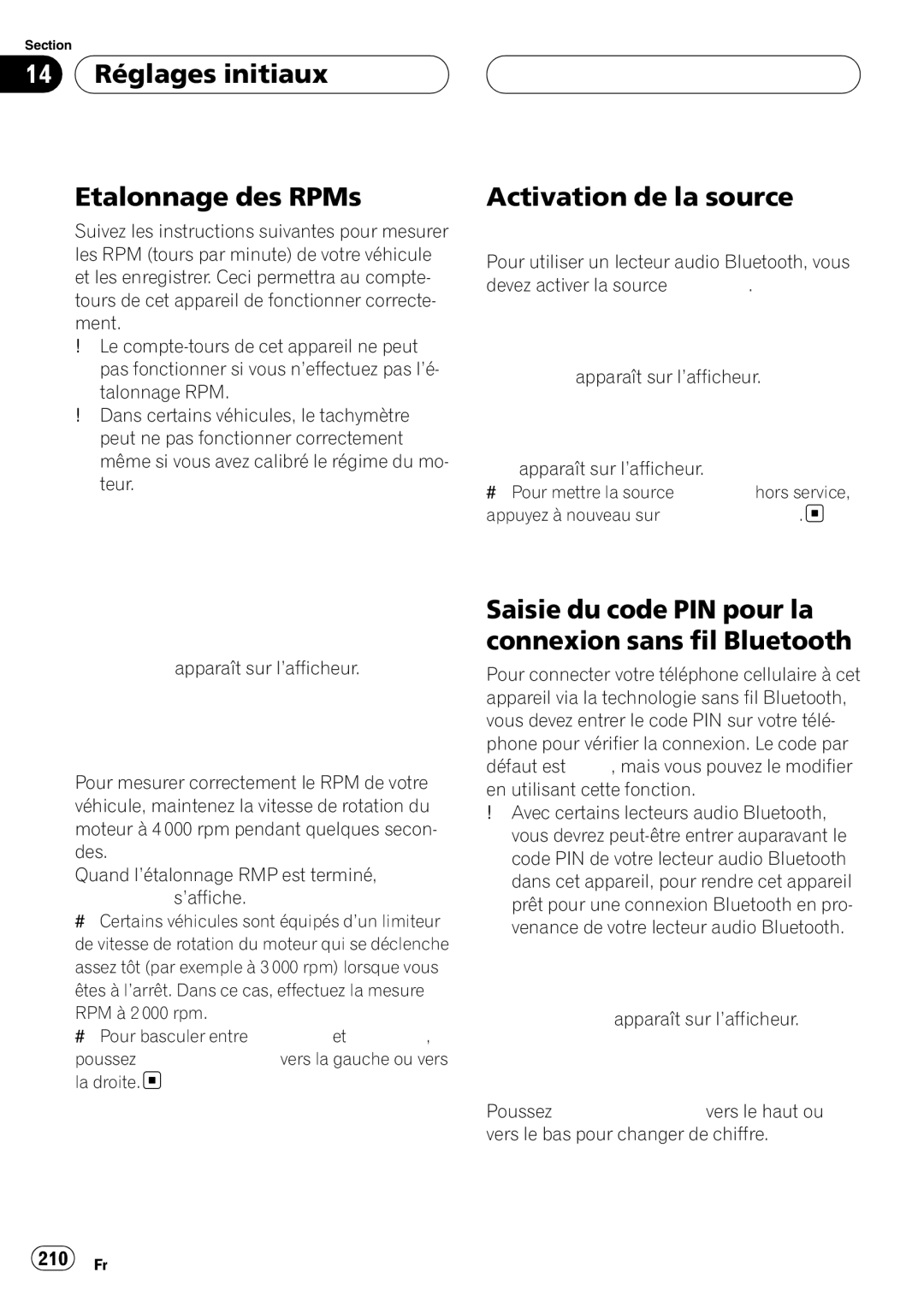 Pioneer DEH-P980BT operation manual 14 Réglages initiaux Etalonnage des RPMs, Activation de la source BT Audio, 210 Fr 