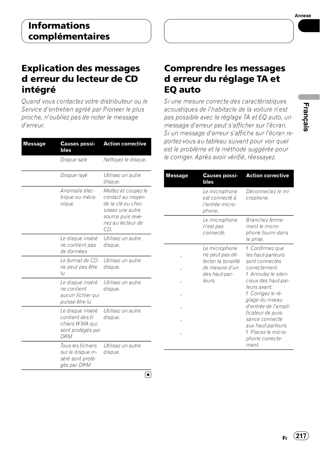 Pioneer DEH-P980BT Comprendre les messages d’erreur du réglage TA et EQ auto, Si une mesure correcte des caractéristiques 