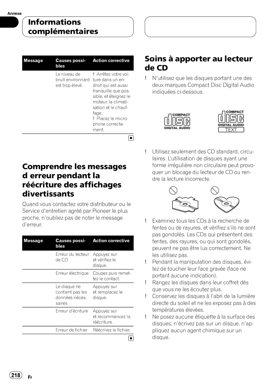 Pioneer DEH-P980BT operation manual Informations complémentaires, Soins à apporter au lecteur de CD, 218 Fr 