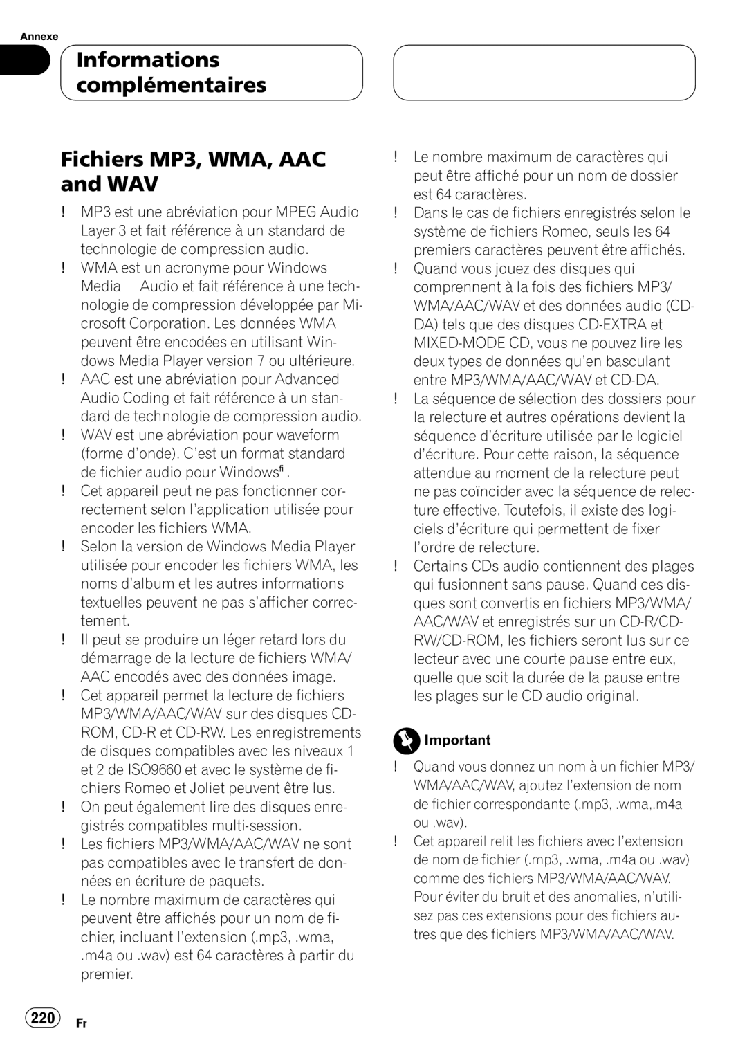 Pioneer DEH-P980BT operation manual Informations complémentaires Fichiers MP3, WMA, AAC and WAV, 220 Fr 