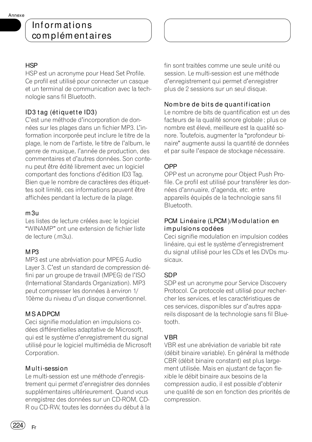 Pioneer DEH-P980BT operation manual Informations complémentaires, 224 Fr 