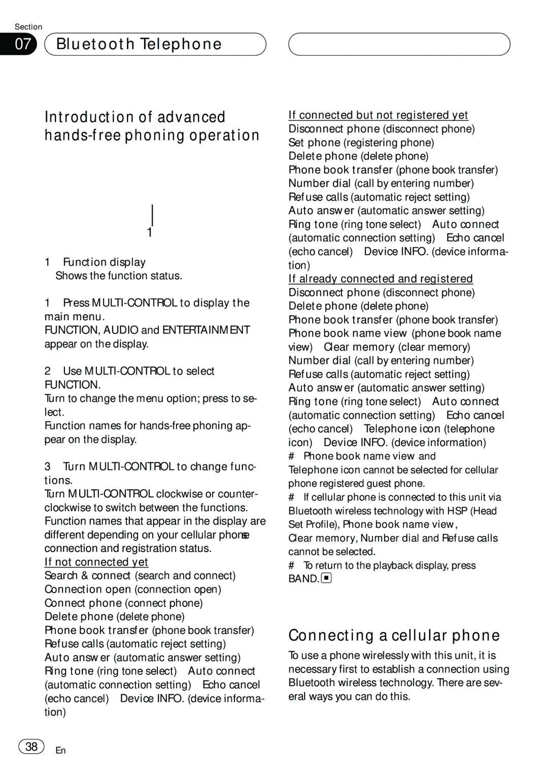 Pioneer DEH-P980BT operation manual Connecting a cellular phone, Function 