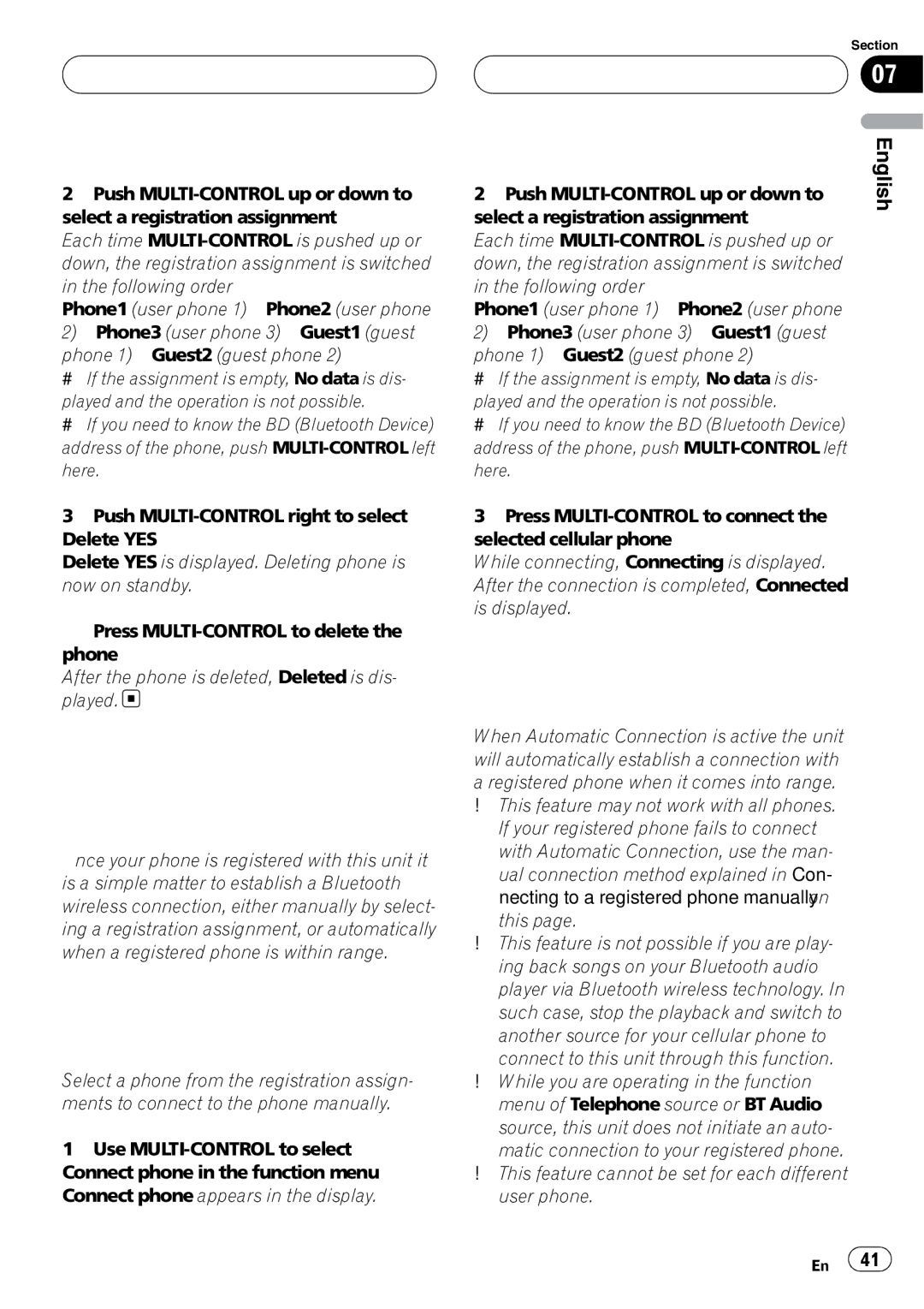 Pioneer DEH-P980BT operation manual Connecting to a registered cellular phone, Connecting to a registered phone manually 