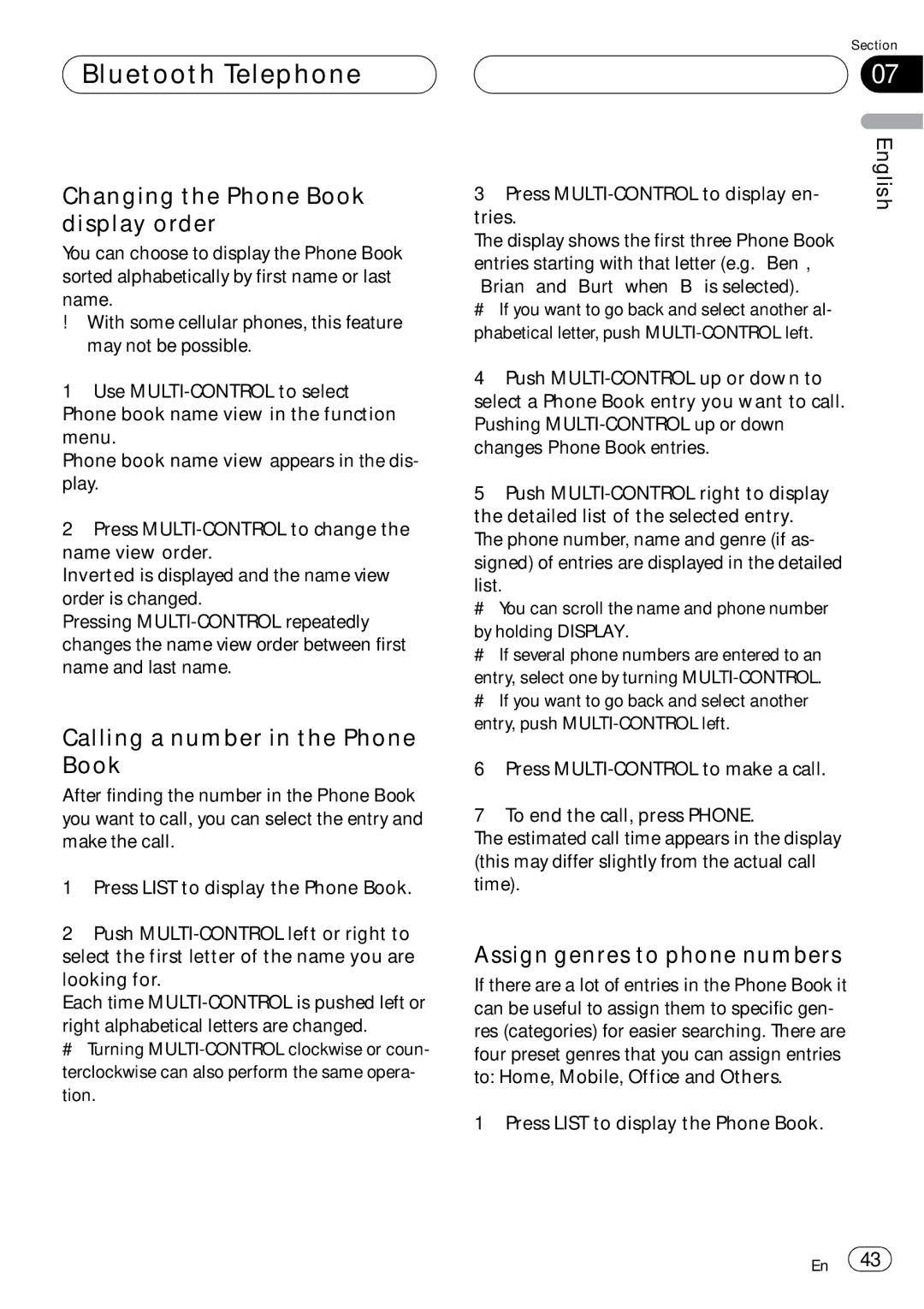 Pioneer DEH-P980BT operation manual Changing the Phone Book display order, Calling a number in the Phone Book 