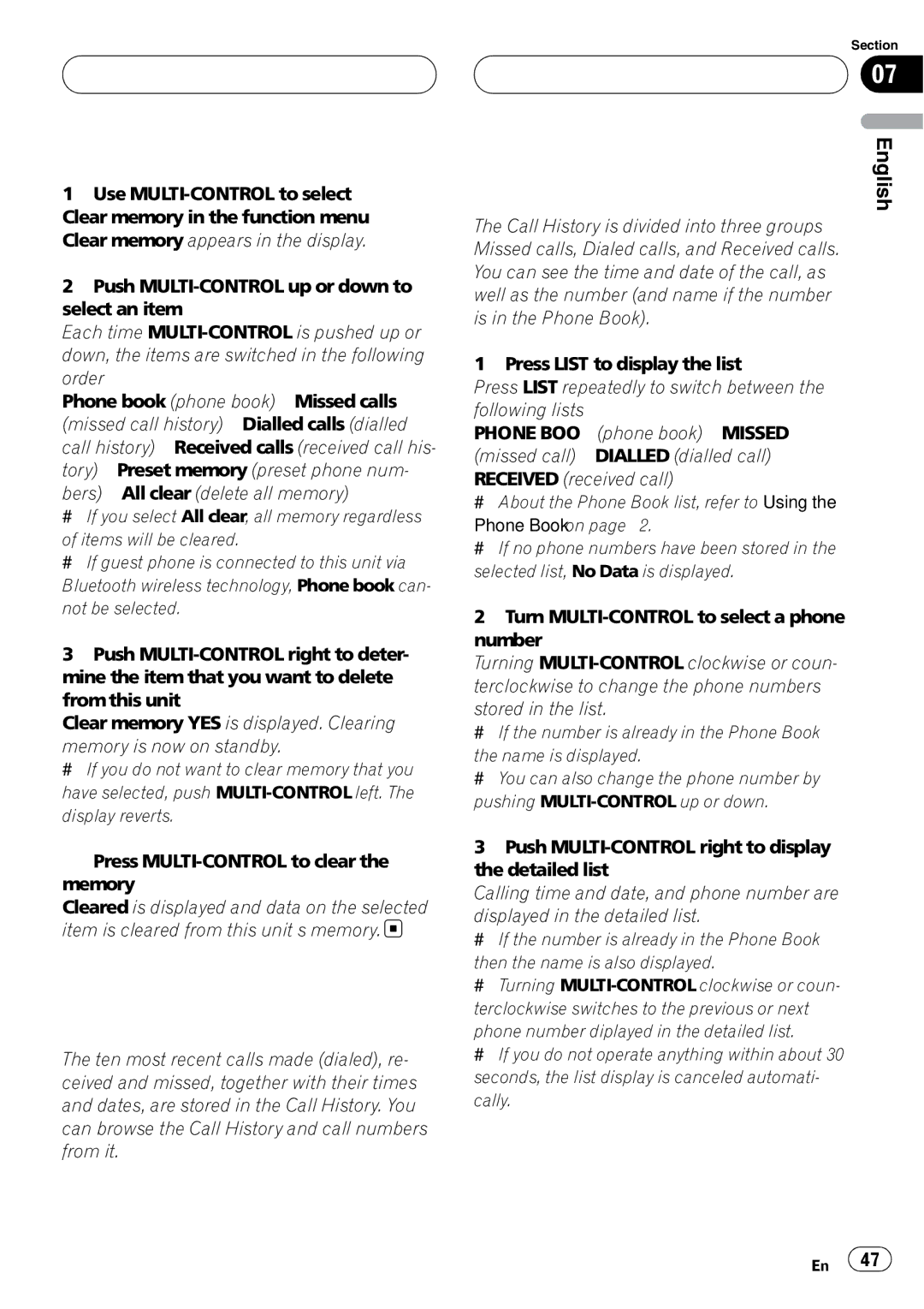 Pioneer DEH-P980BT operation manual Using the Call History, Displaying the Call History 