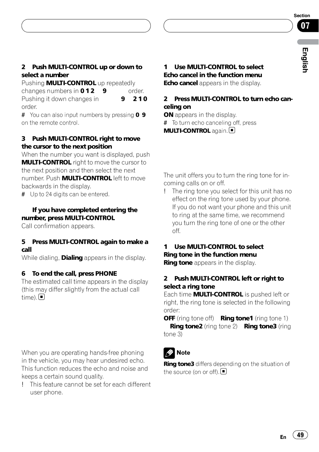 Pioneer DEH-P980BT operation manual Echo canceling and noise reduction, Changing the ring tone 