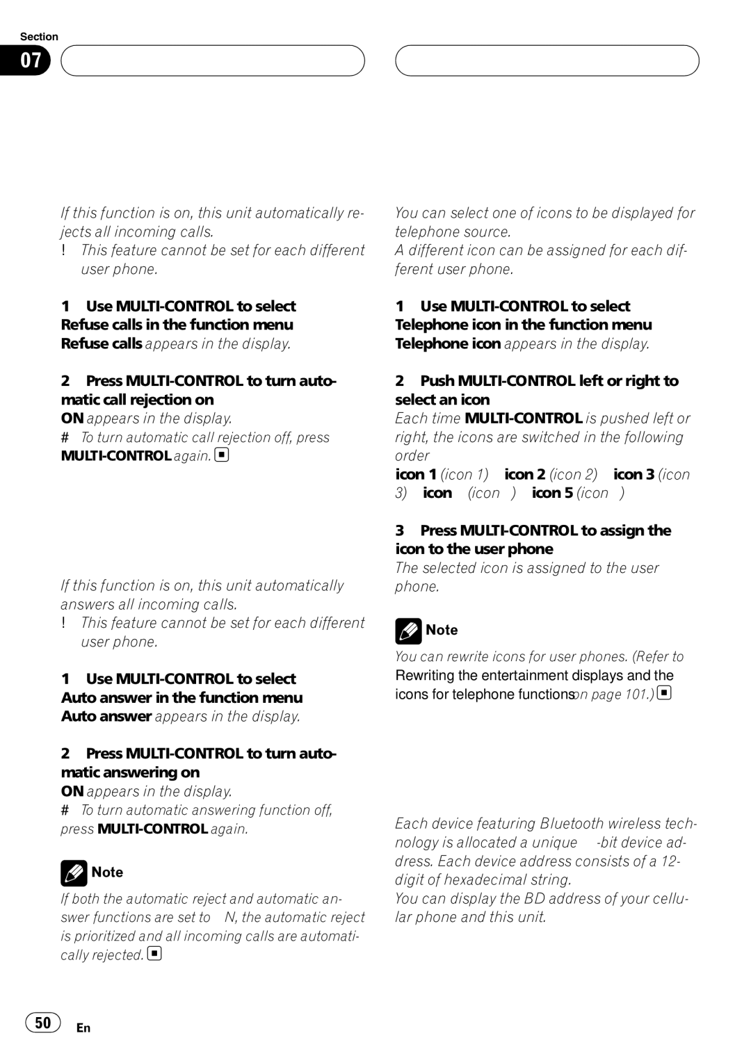 Pioneer DEH-P980BT operation manual Bluetooth Telephone Setting the automatic rejecting, Setting the automatic answering 