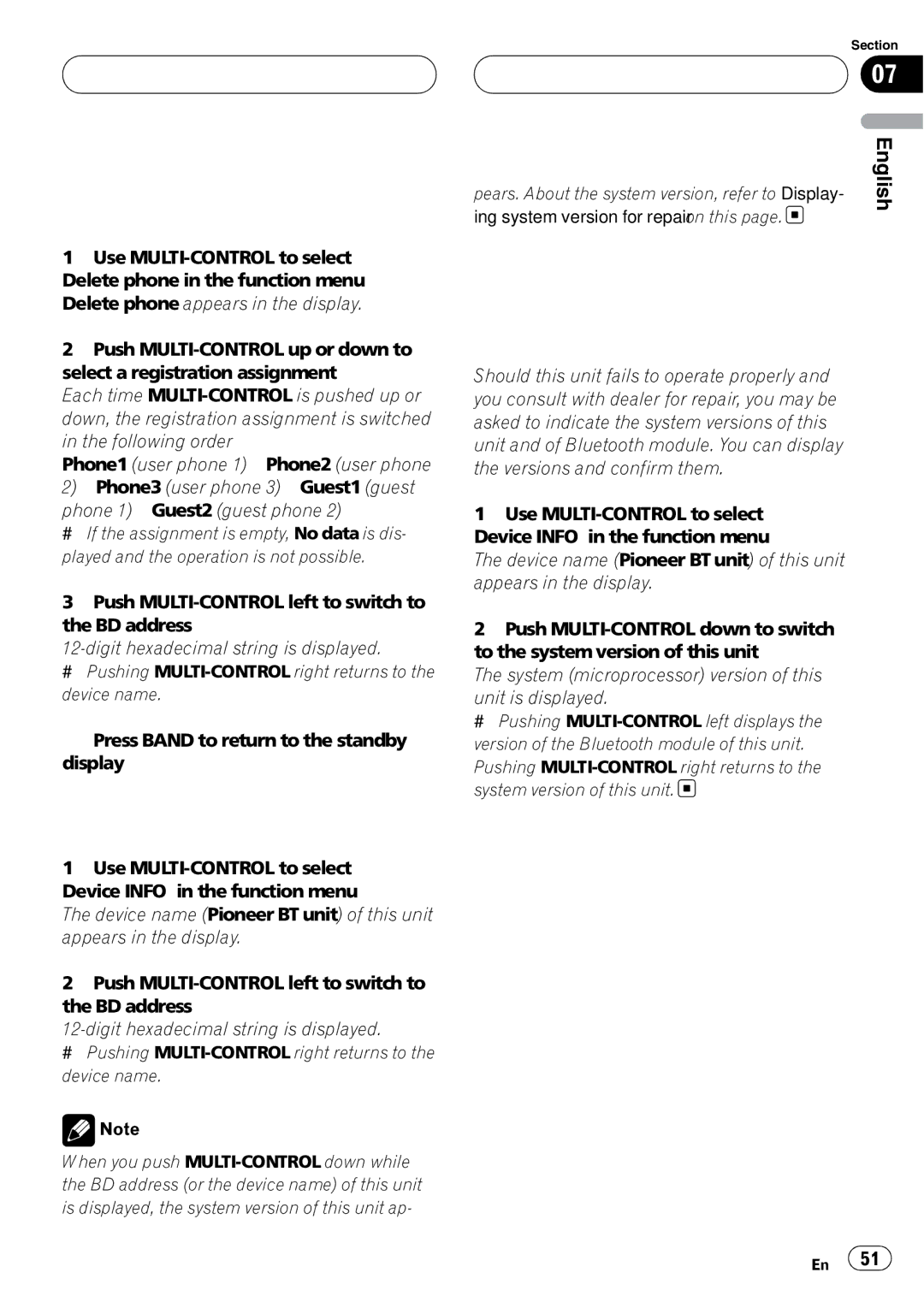 Pioneer DEH-P980BT operation manual Displaying system version for repair, Displaying BD address of your cellular phone 