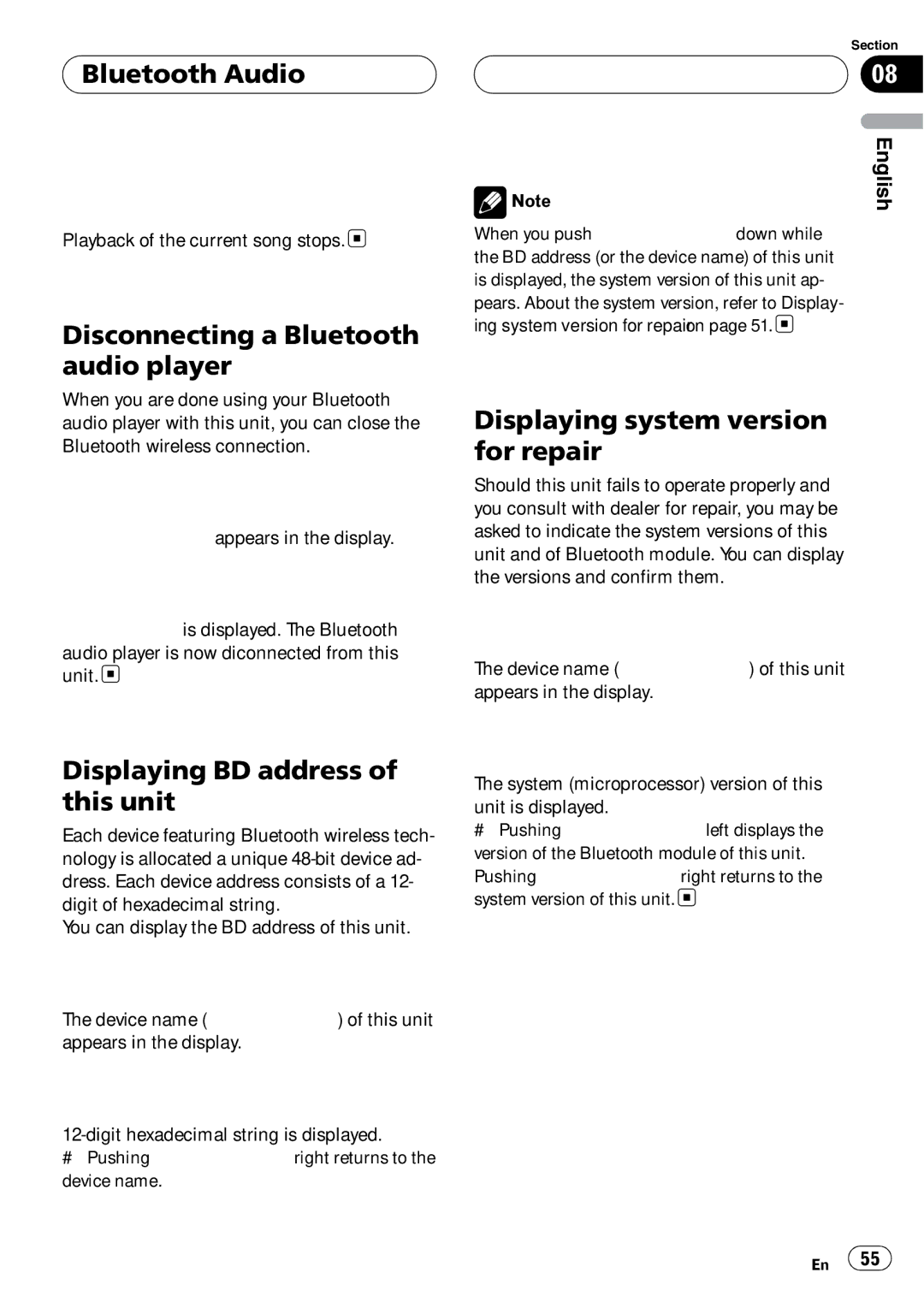 Pioneer DEH-P980BT operation manual Disconnecting a Bluetooth audio player, Displaying BD address of this unit 