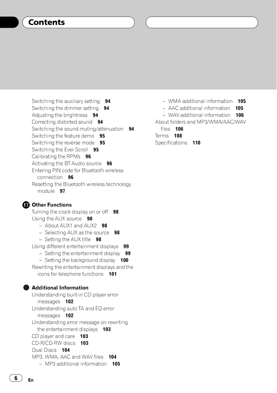 Pioneer DEH-P980BT Files 106 Switching the feature demo Terms 108, Specifications, MP3 additional information 105 