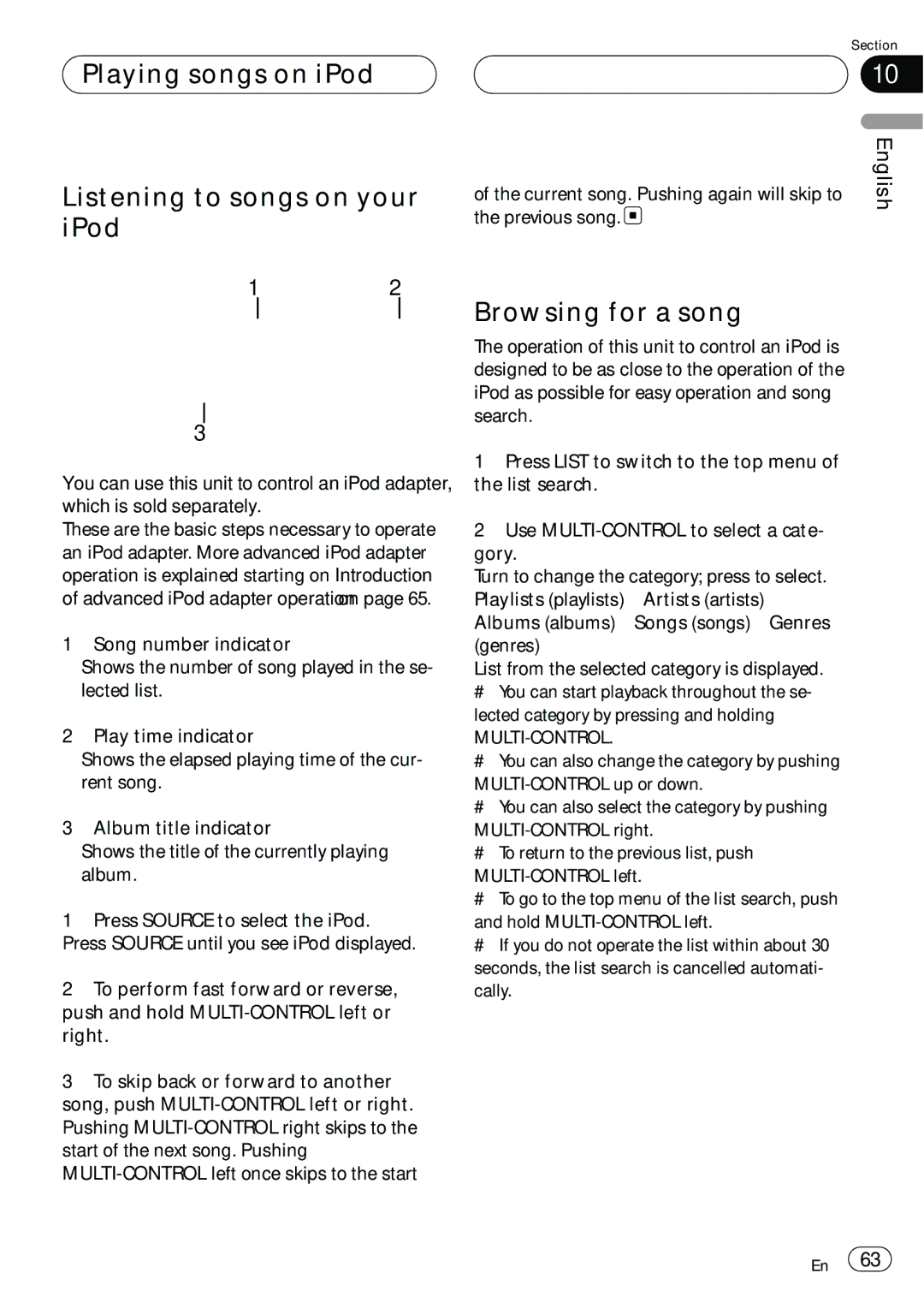 Pioneer DEH-P980BT operation manual Playing songs on iPod Listening to songs on your iPod, Browsing for a song 